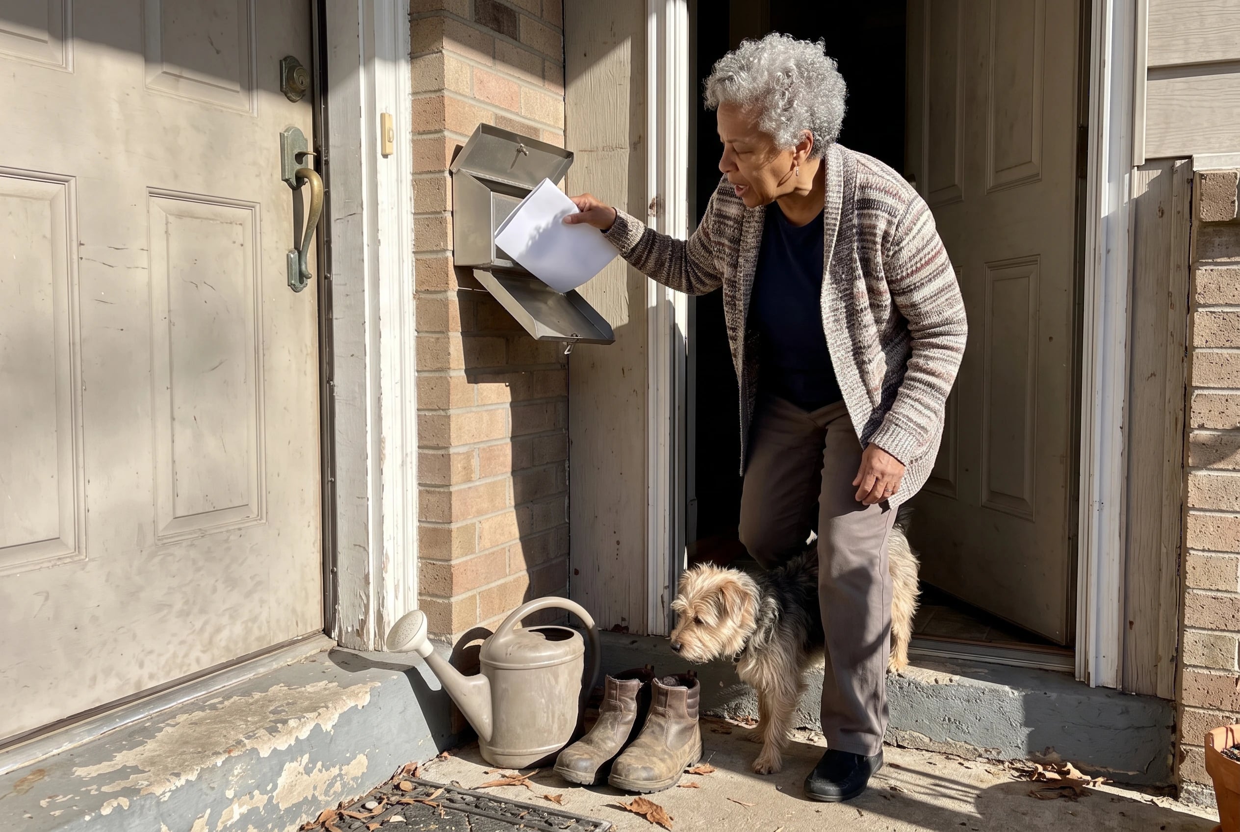 An older woman takes an AARP magazine from her mailbox outside her front door.