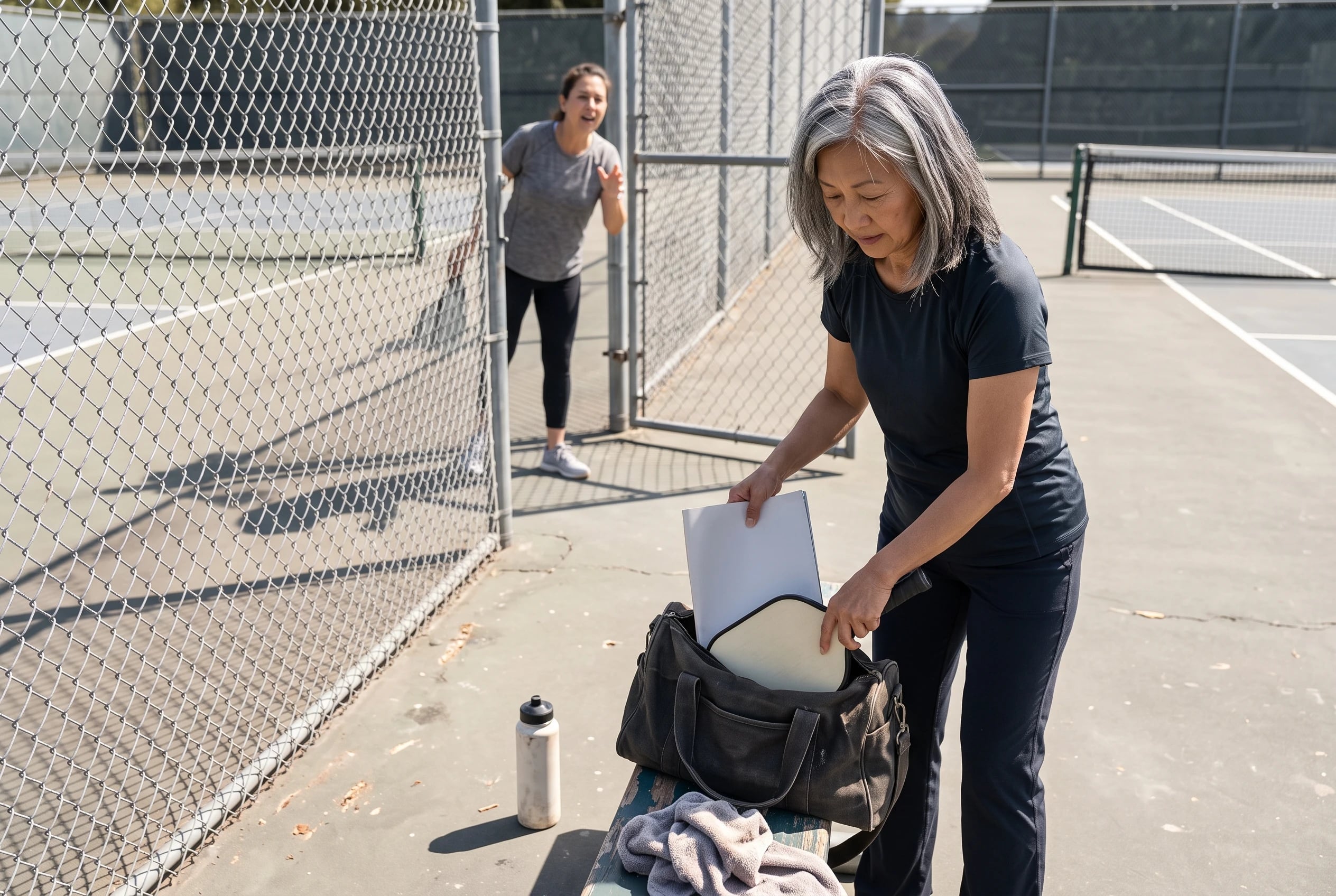 An older woman tucks Pickleball Magazine into her sports bag beside an outdoor court.