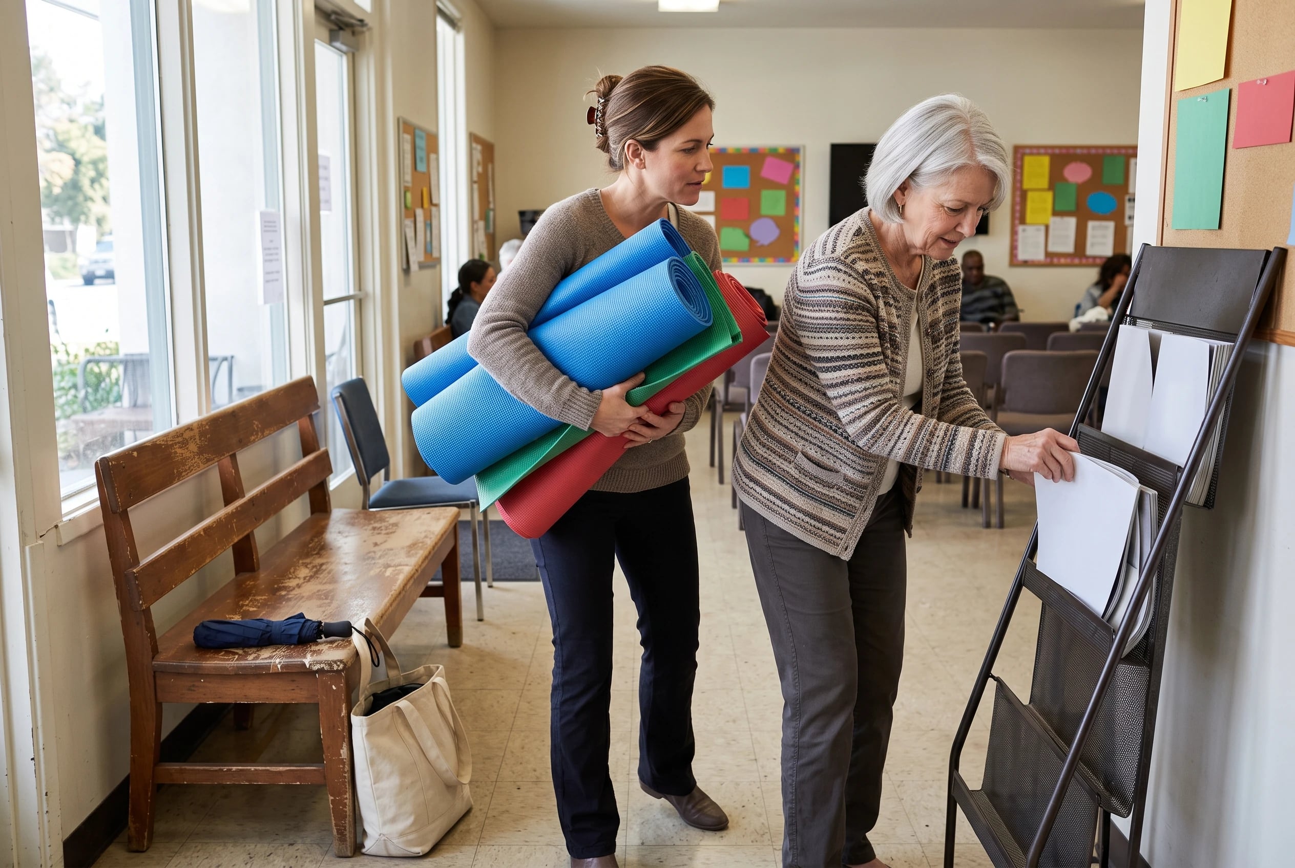 An older woman picks up Today's Senior Magazine from a rack inside a California community center.