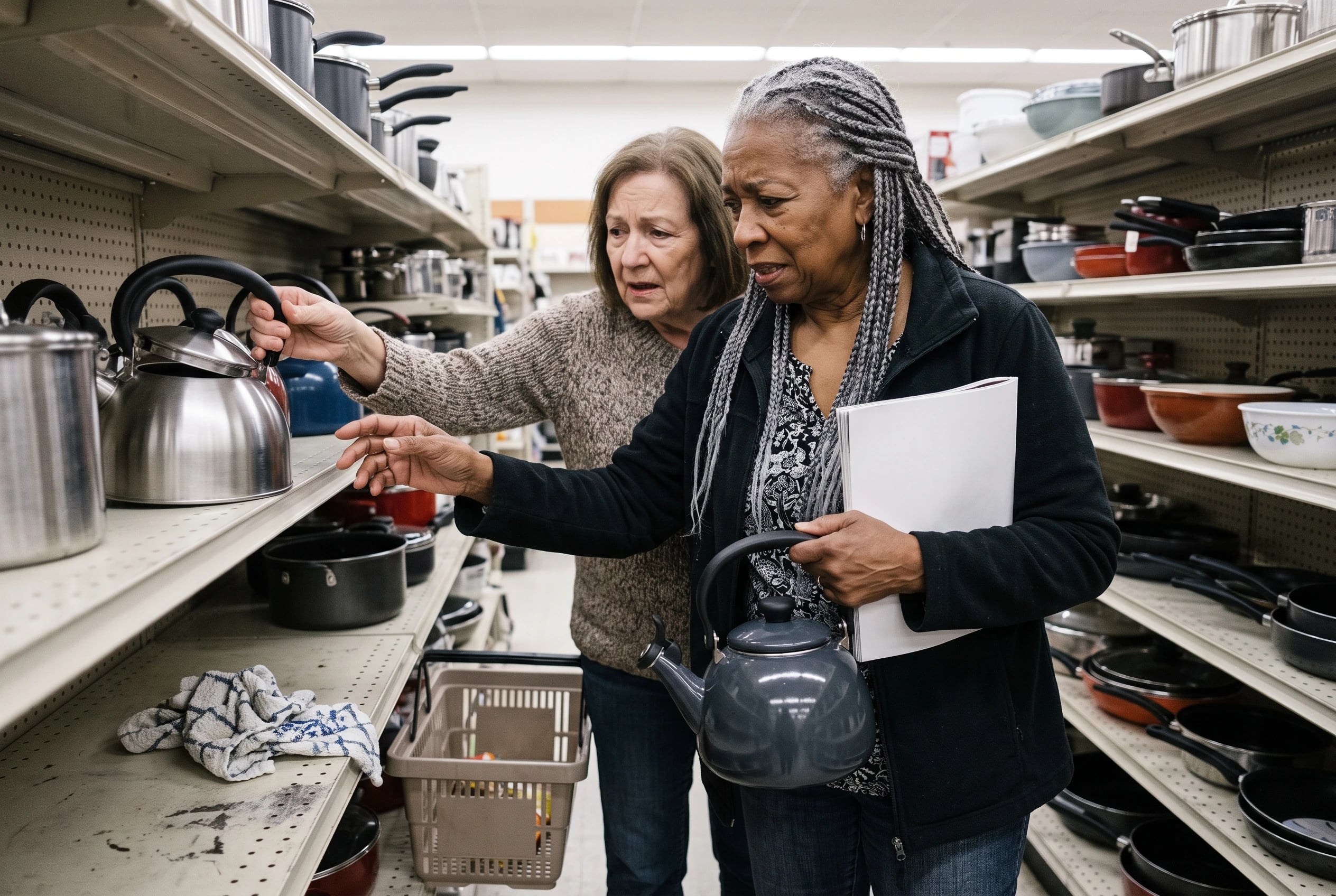 An older woman compares two kettles in a store aisle while holding a Consumer Reports issue.