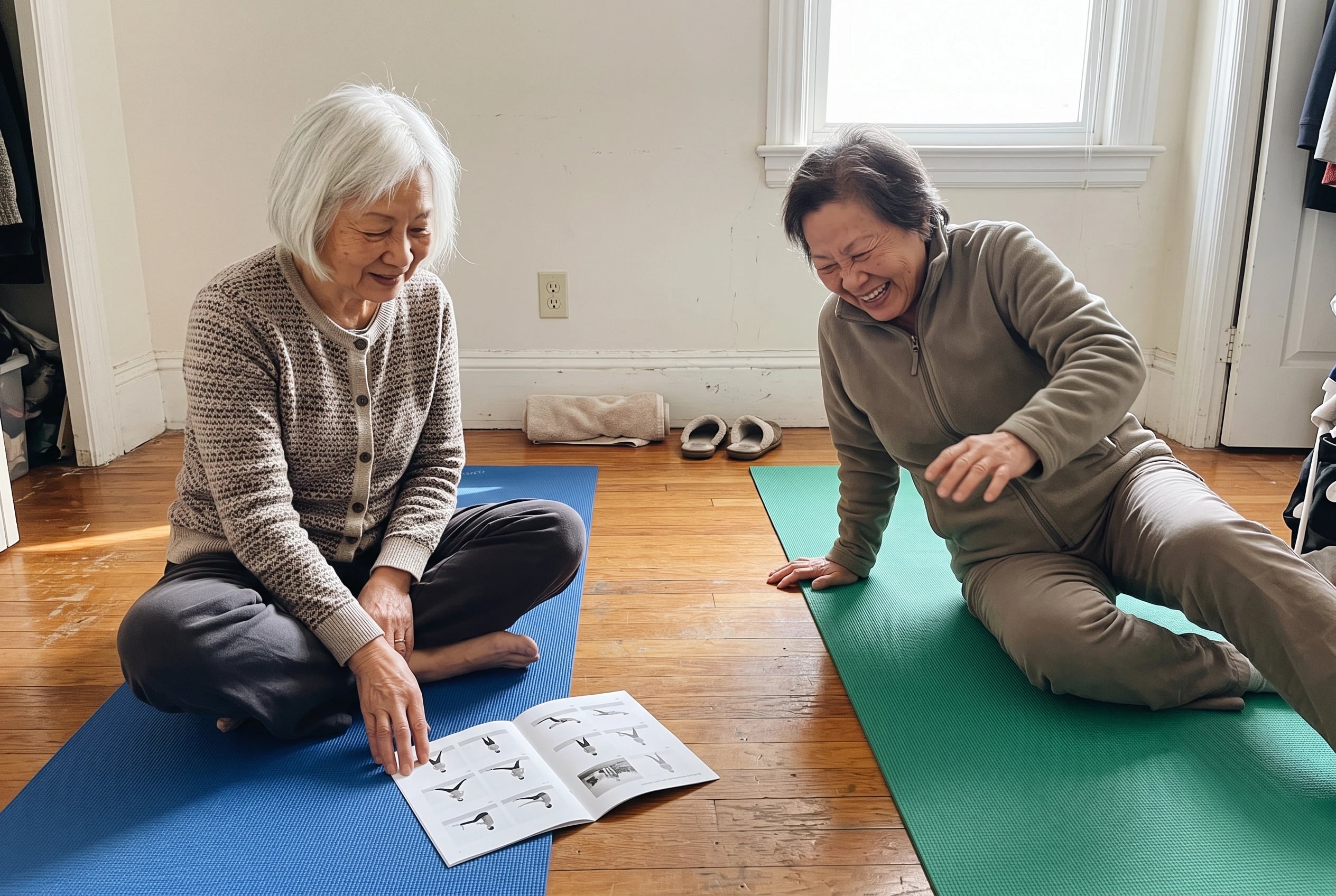 An older woman checks a Yoga Journal pose while seated on a mat in her spare room.