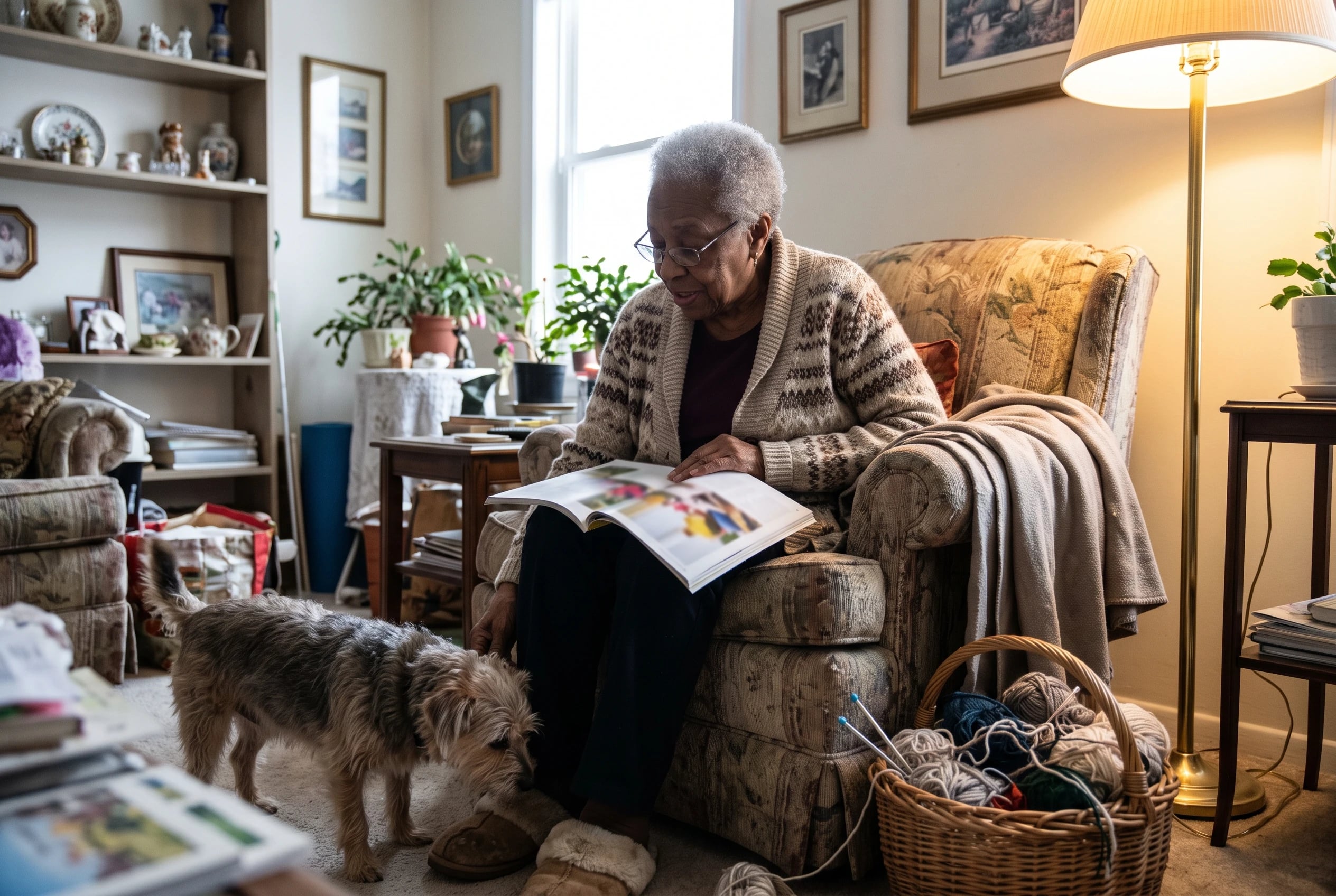 An older woman reads a large-print Guideposts issue under a floor lamp in her living room.