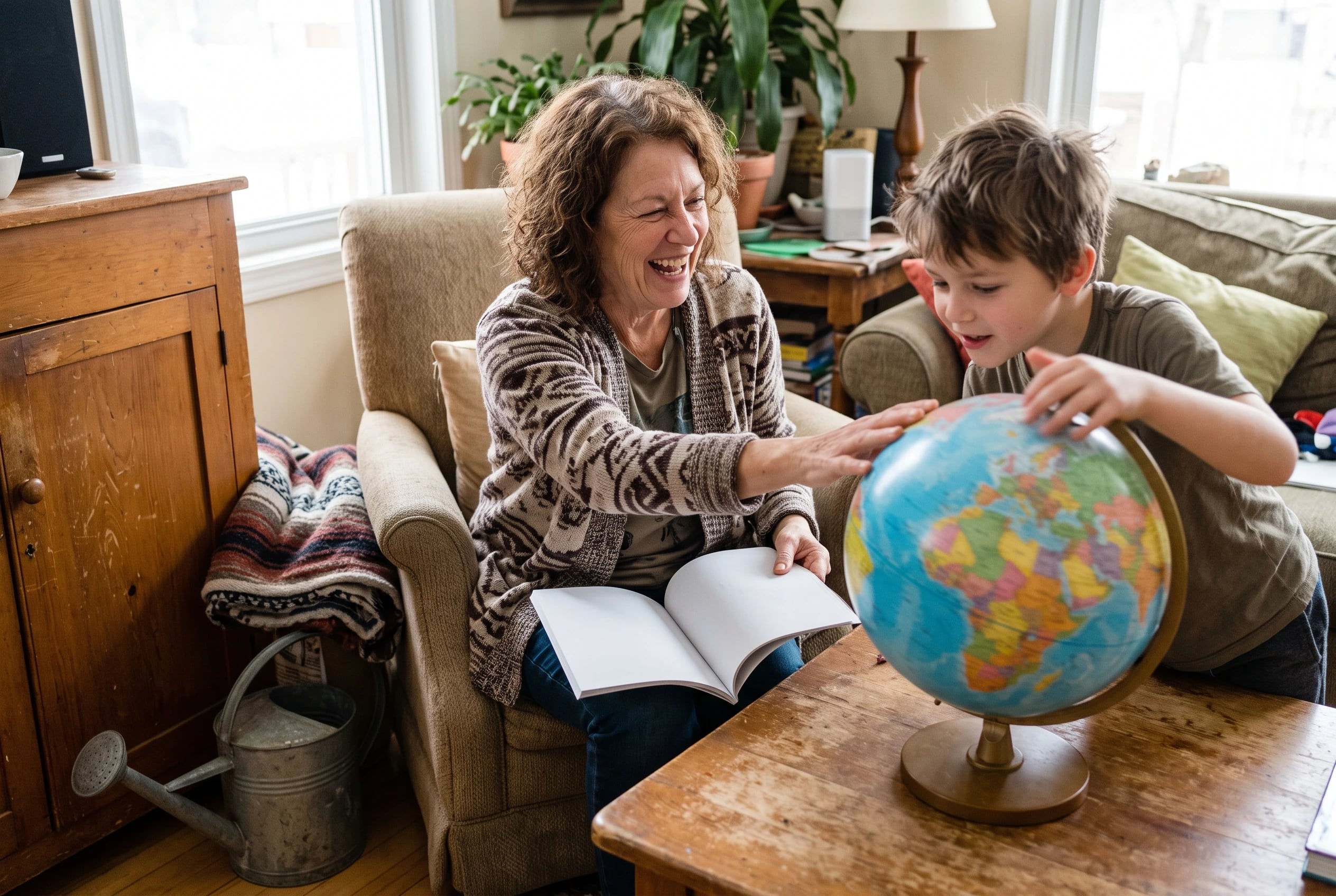 An older woman browses National Geographic beside a globe in her den.
