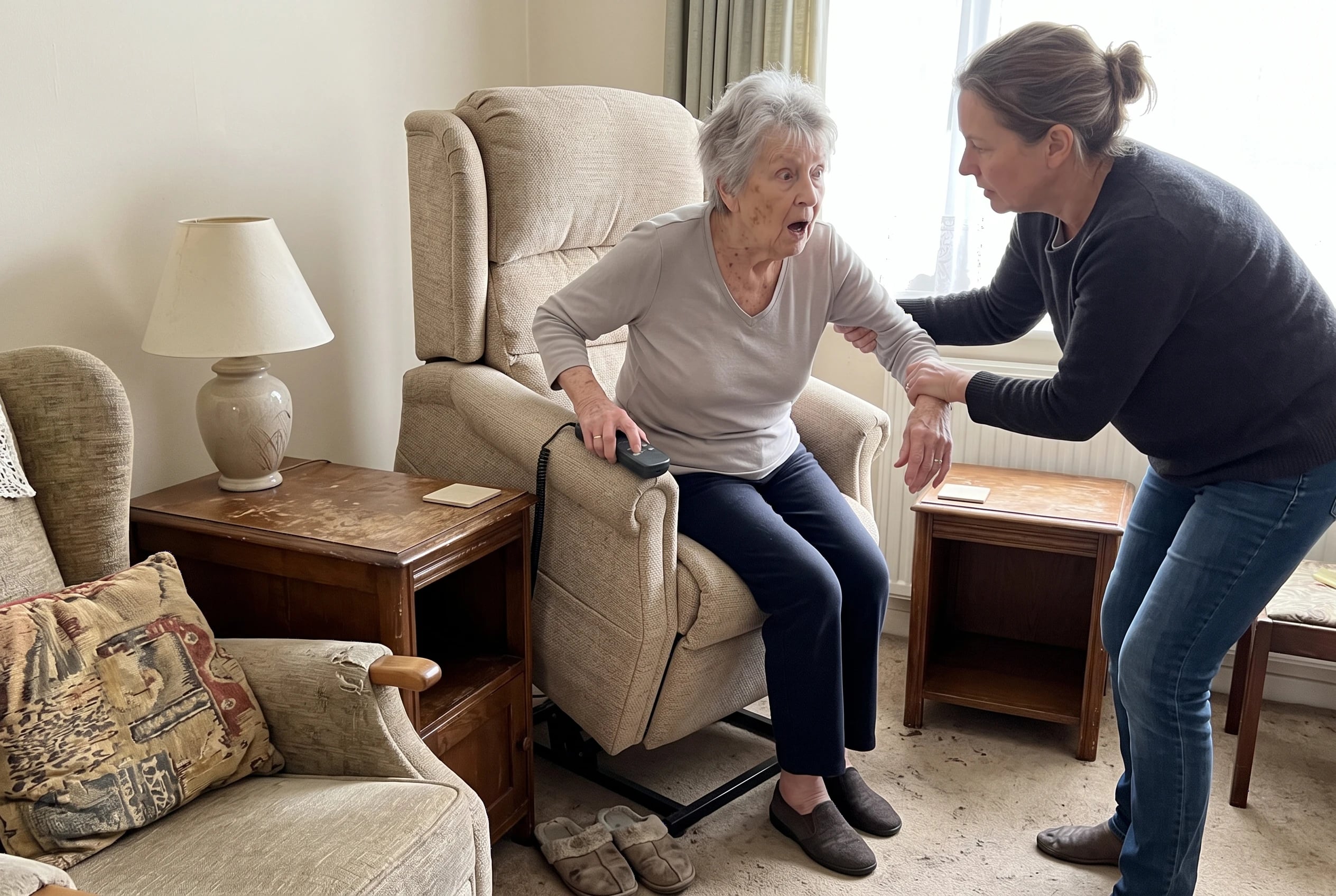 A woman operates a lift recliner remote as she rises from the chair in her living room.