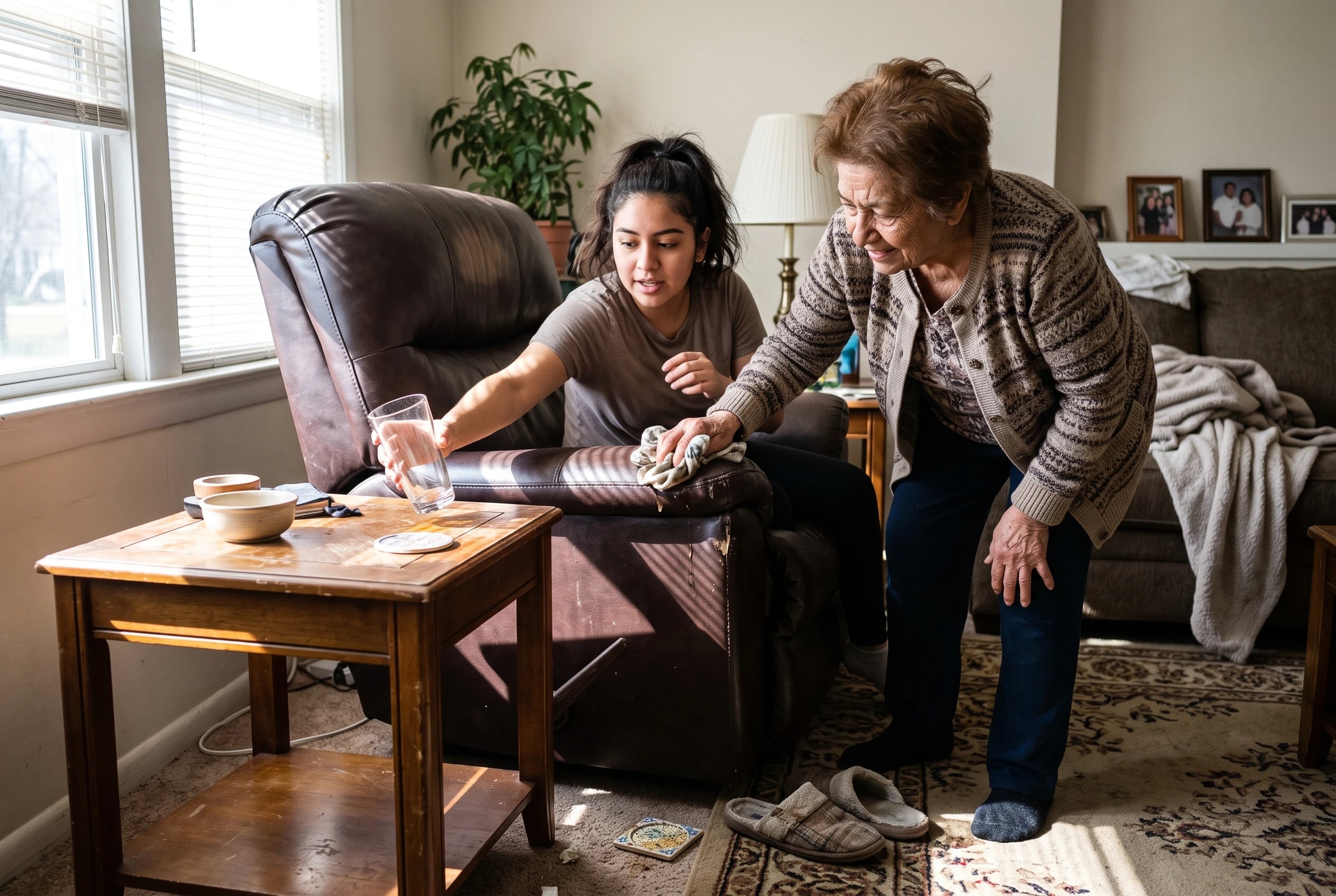 A woman wipes a small spill from a vinyl recliner arm in her living room.