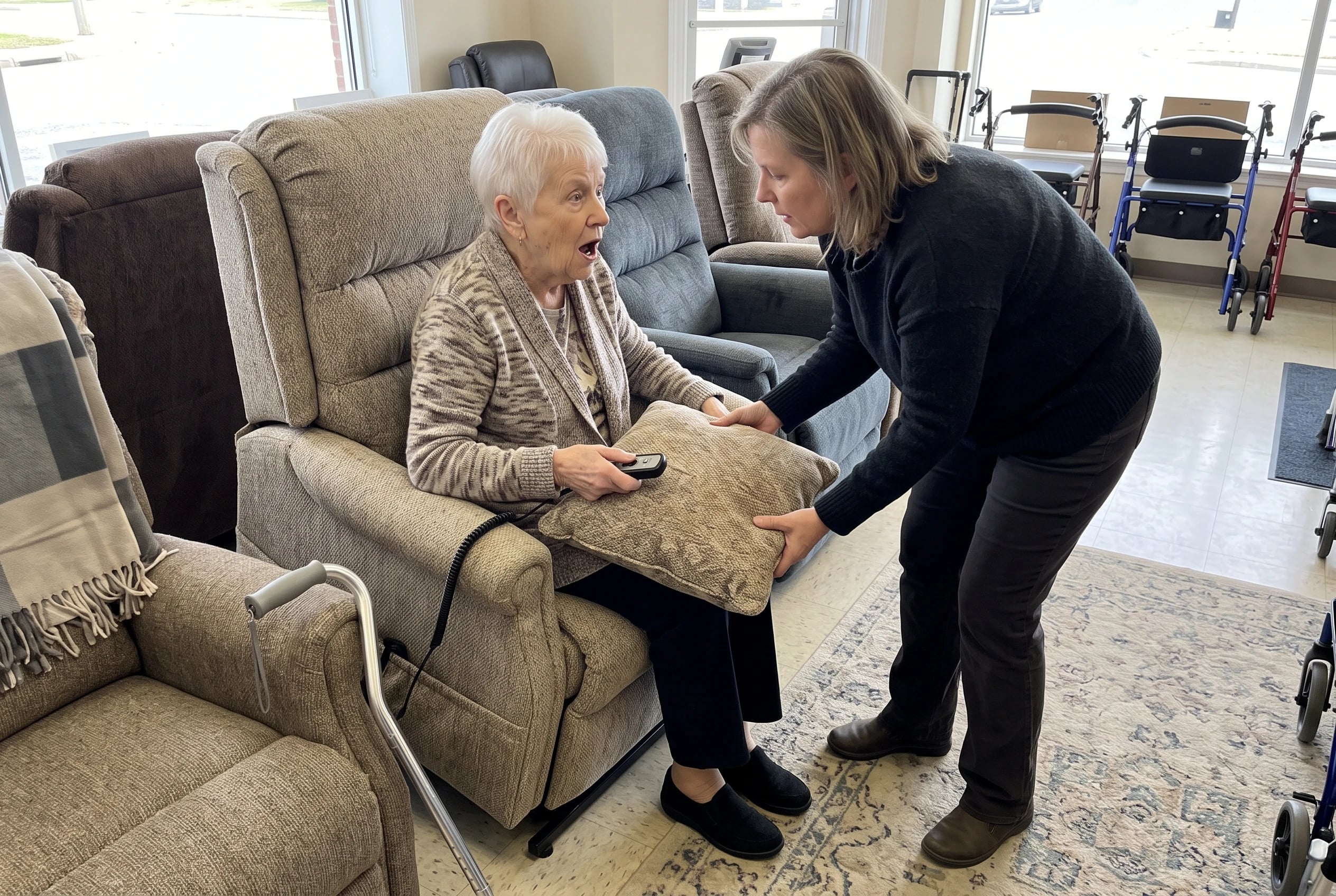 A woman tests a two-button recliner remote in a mobility showroom.