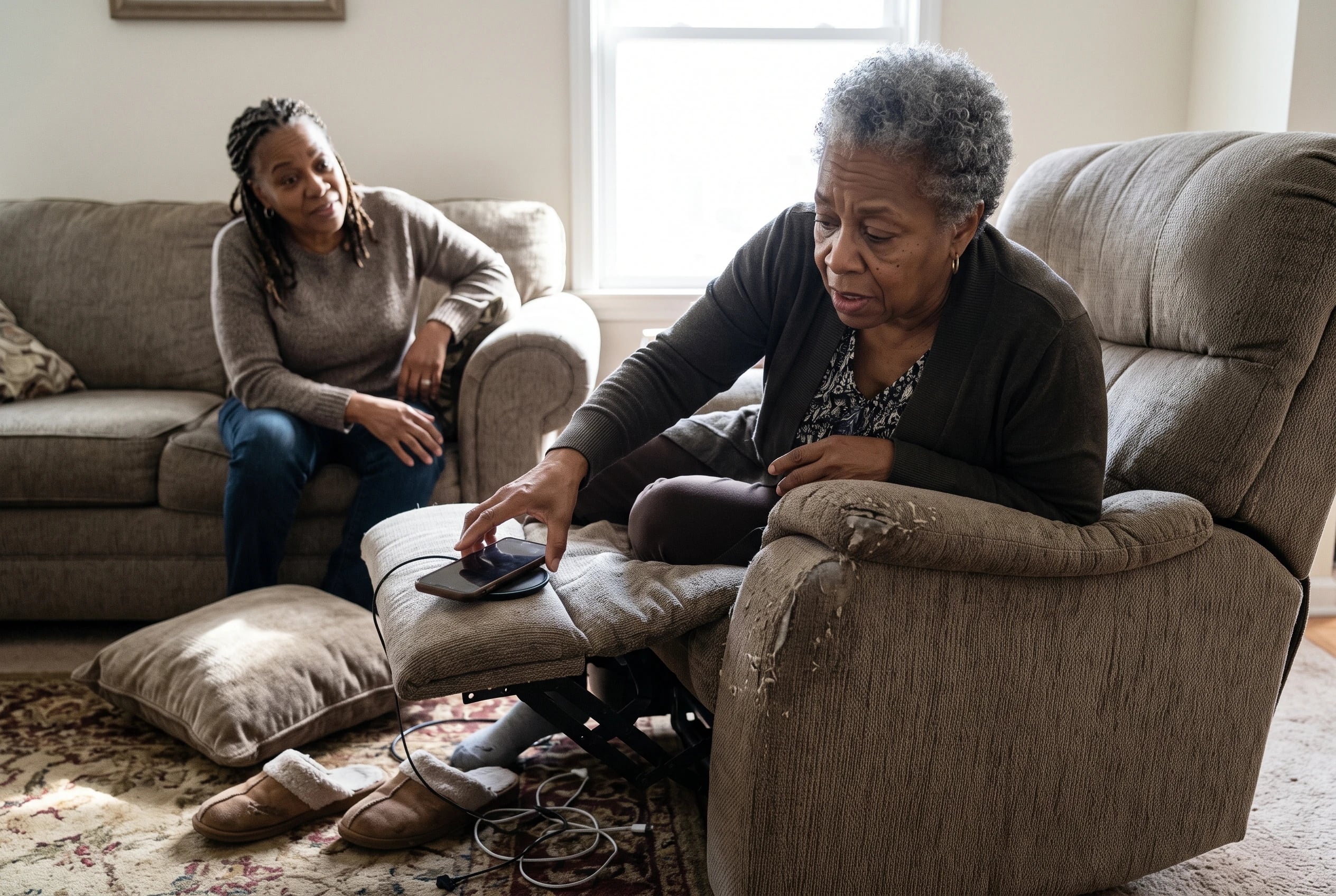 A woman places her phone on a recliner armrest charger in her living room.