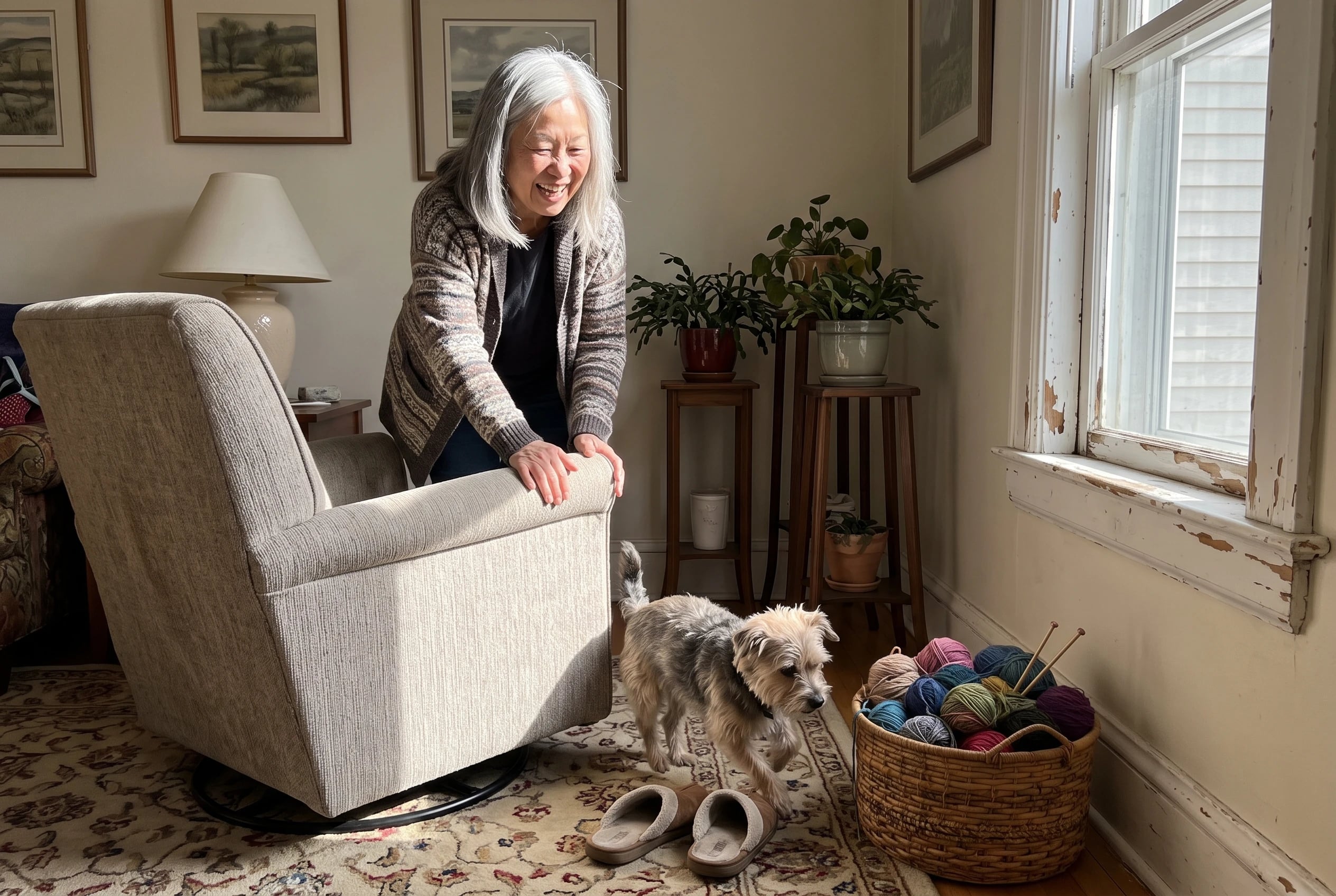 A woman turns a swivel glider toward a window in her den.