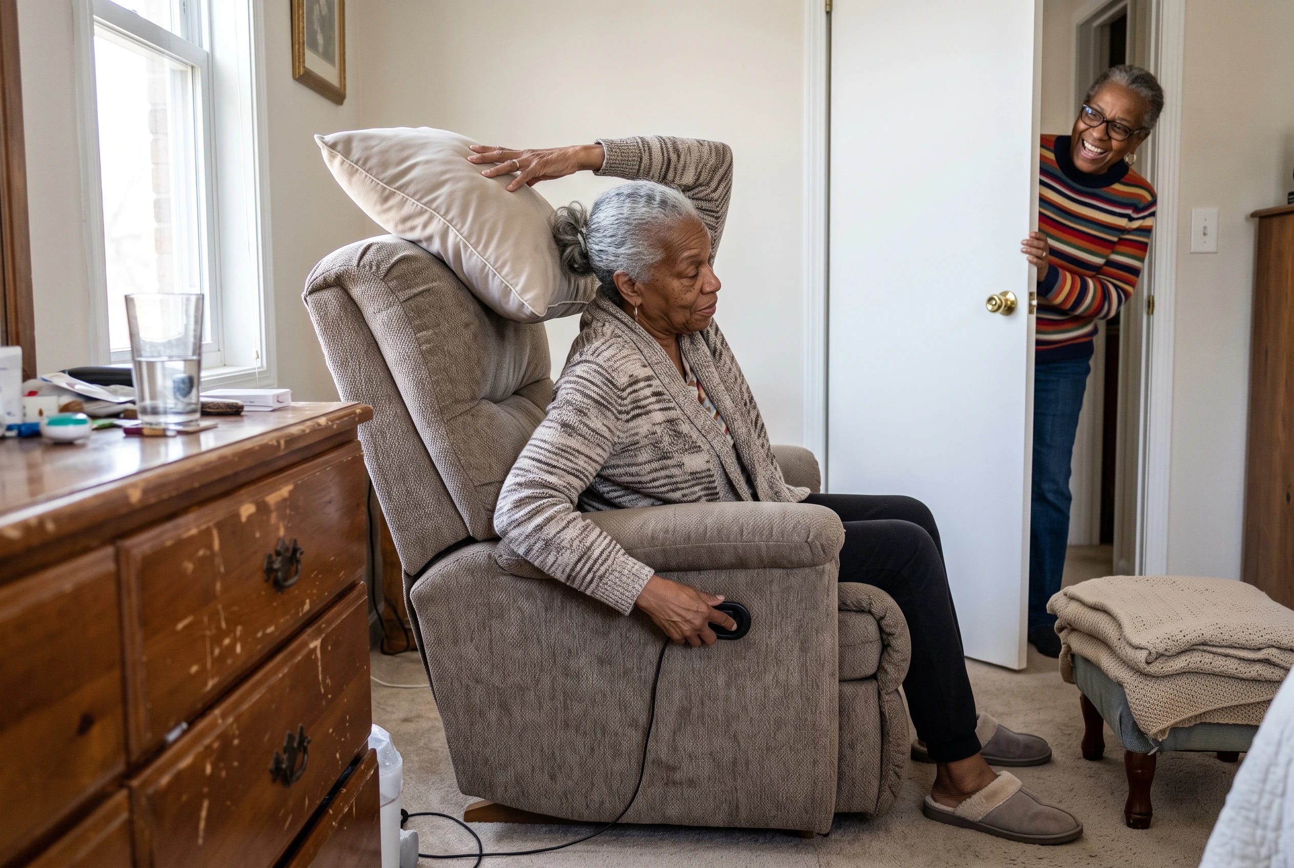 A woman presses the headrest control on a lay-flat recliner in her bedroom.