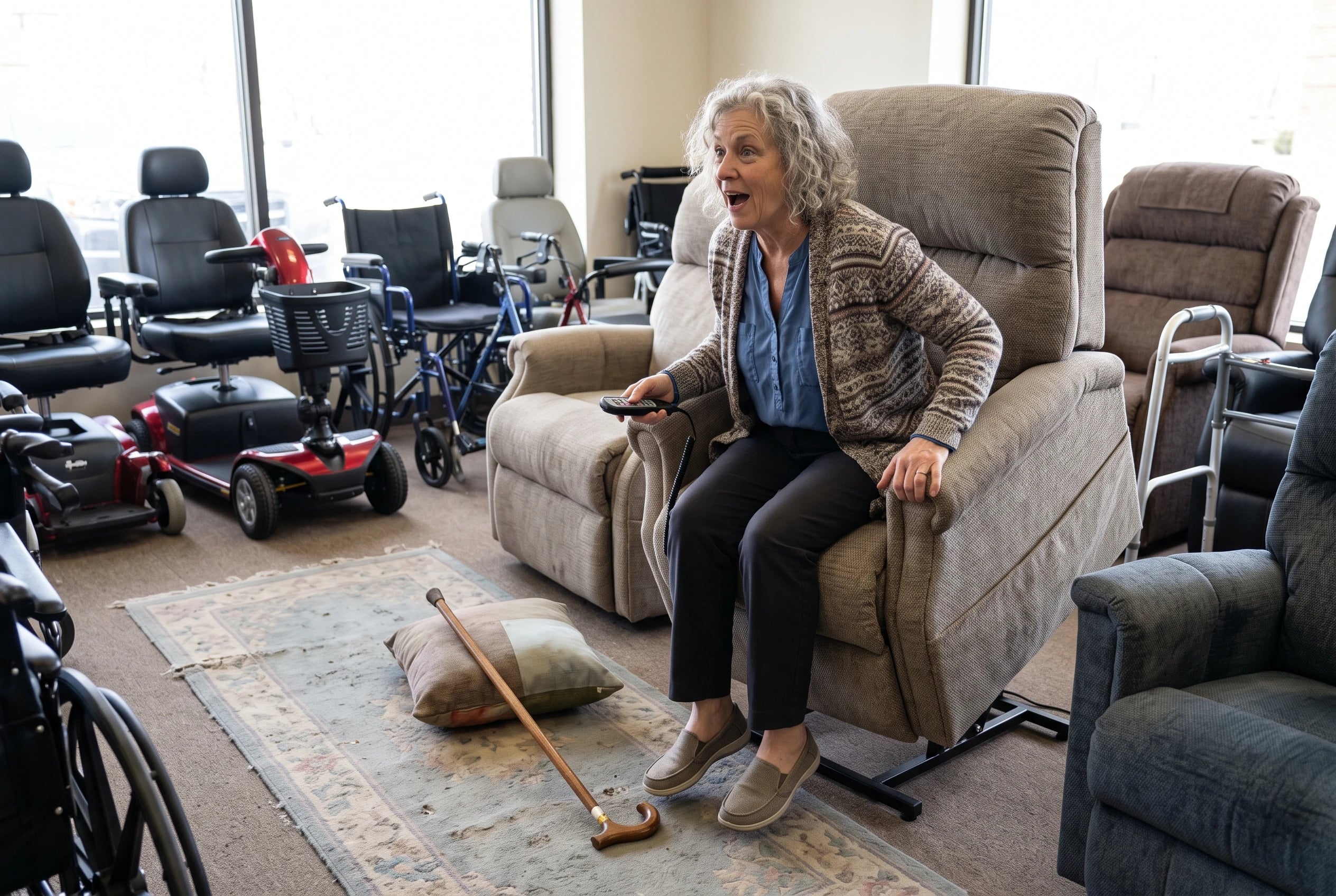 A woman operates the Straight Lift control on a recliner in a mobility showroom.