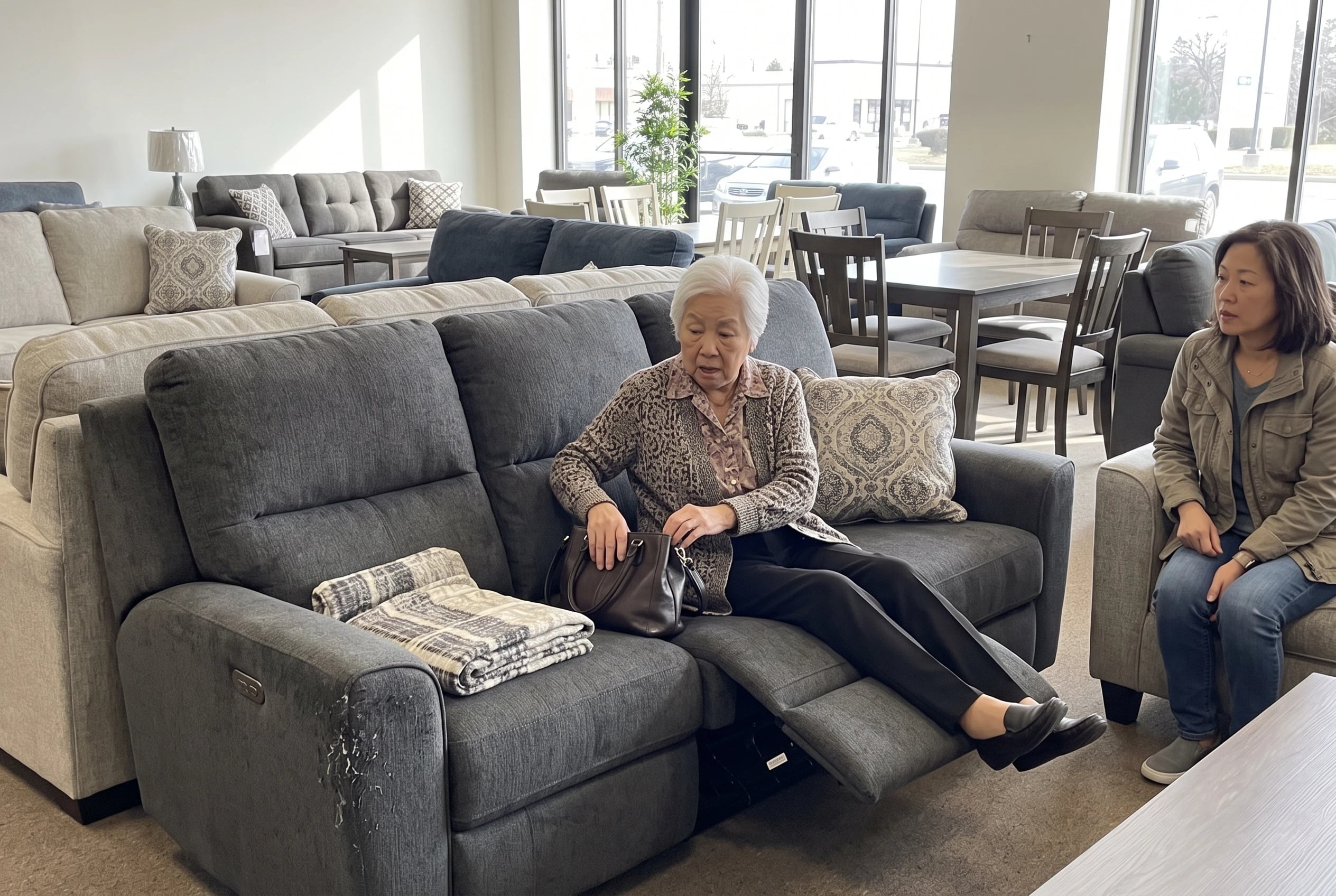 A woman sits upright on a power reclining sofa in a furniture store.