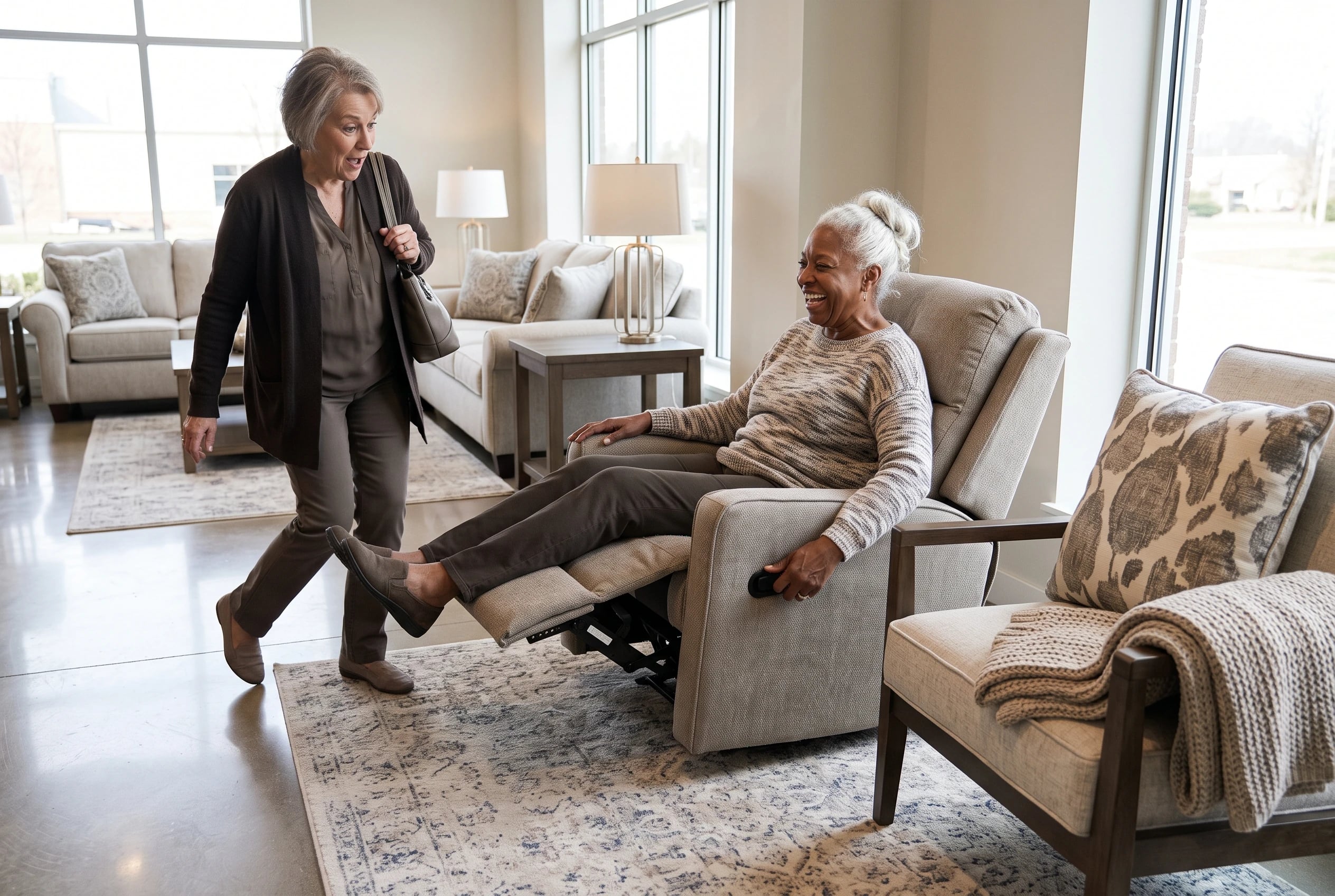 A woman raises a recliner footrest while keeping its back upright in a showroom.