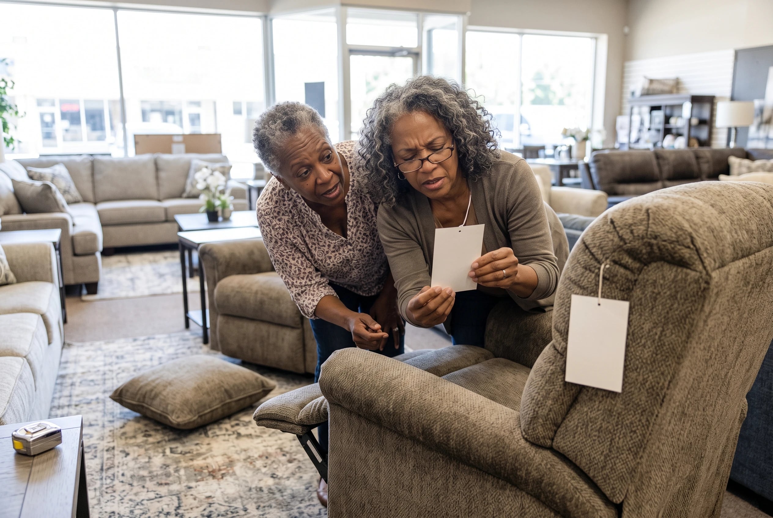 A woman reads a warranty tag attached to a lift recliner in a furniture showroom.