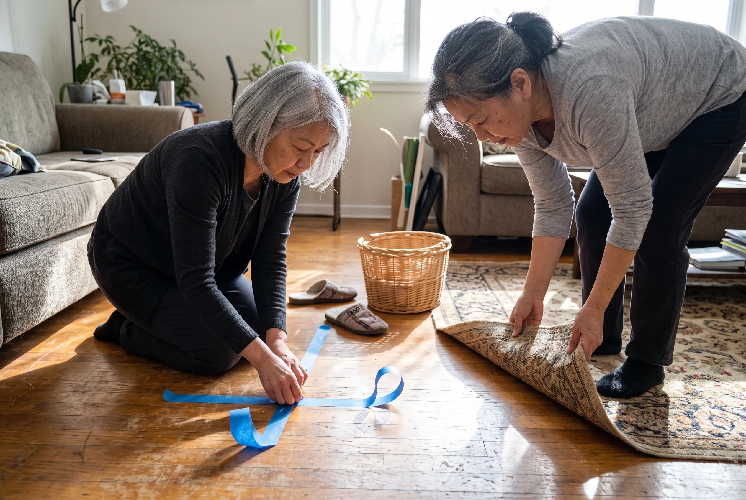 A woman marks a recliner’s width on her living room floor with painter’s tape.
