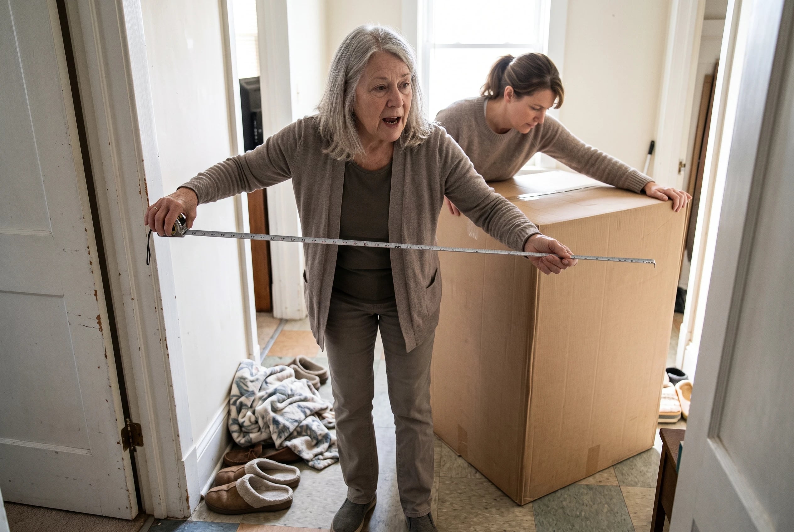 A woman measures a doorway as a boxed lift recliner stands in the hall.