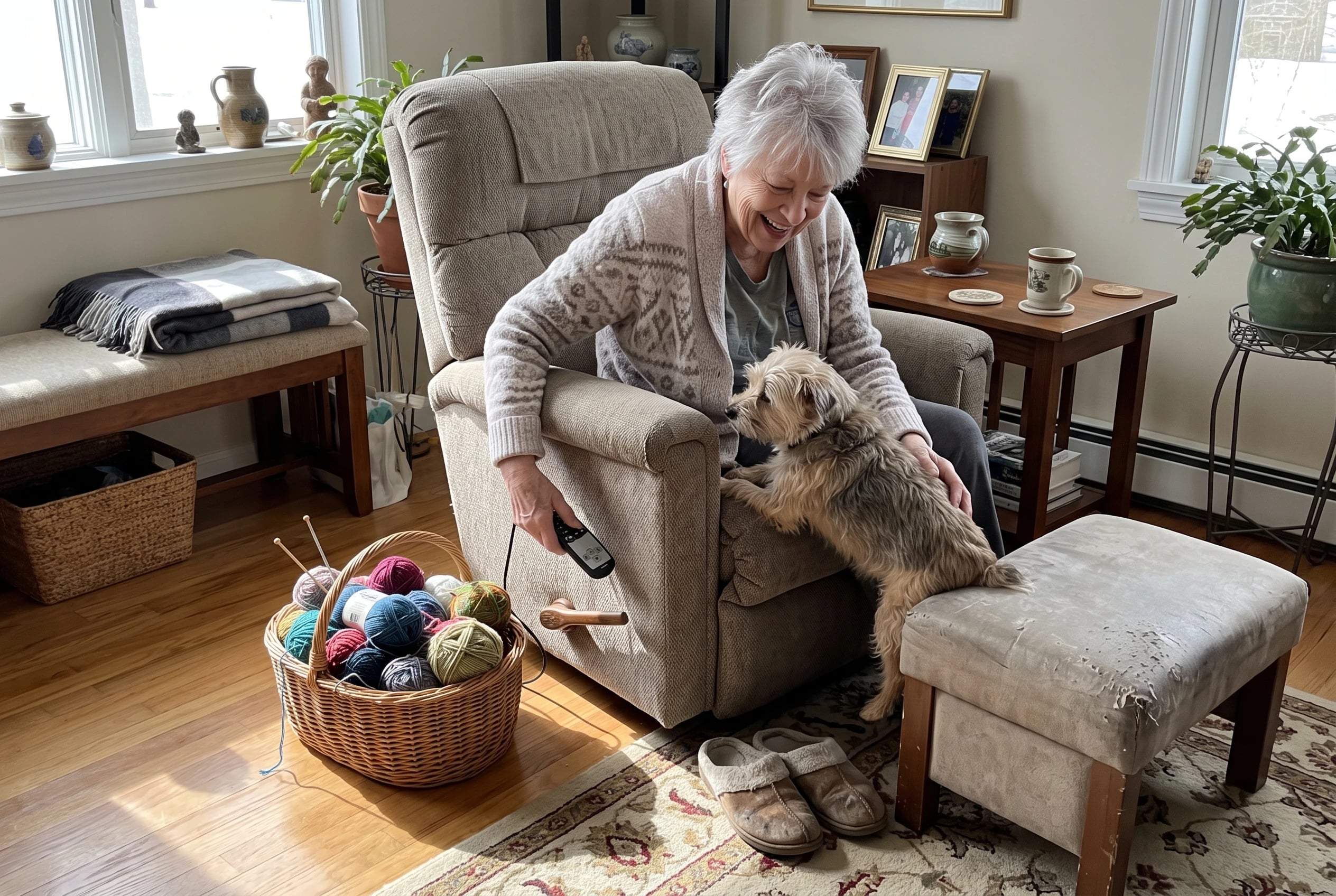 A woman switches off a recliner’s heat control in her den.