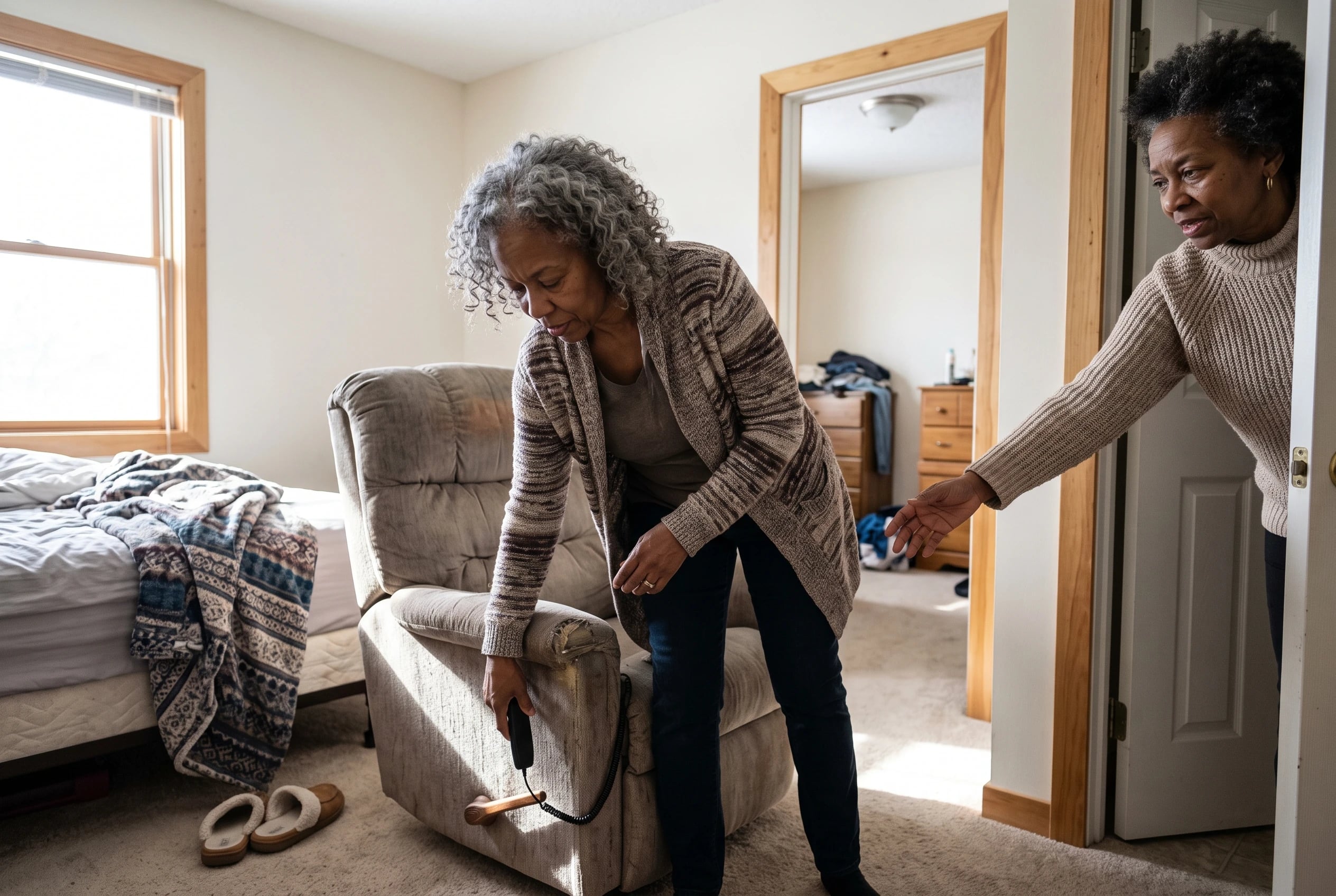 A woman positions a recliner hand wand within reach in a bedroom.