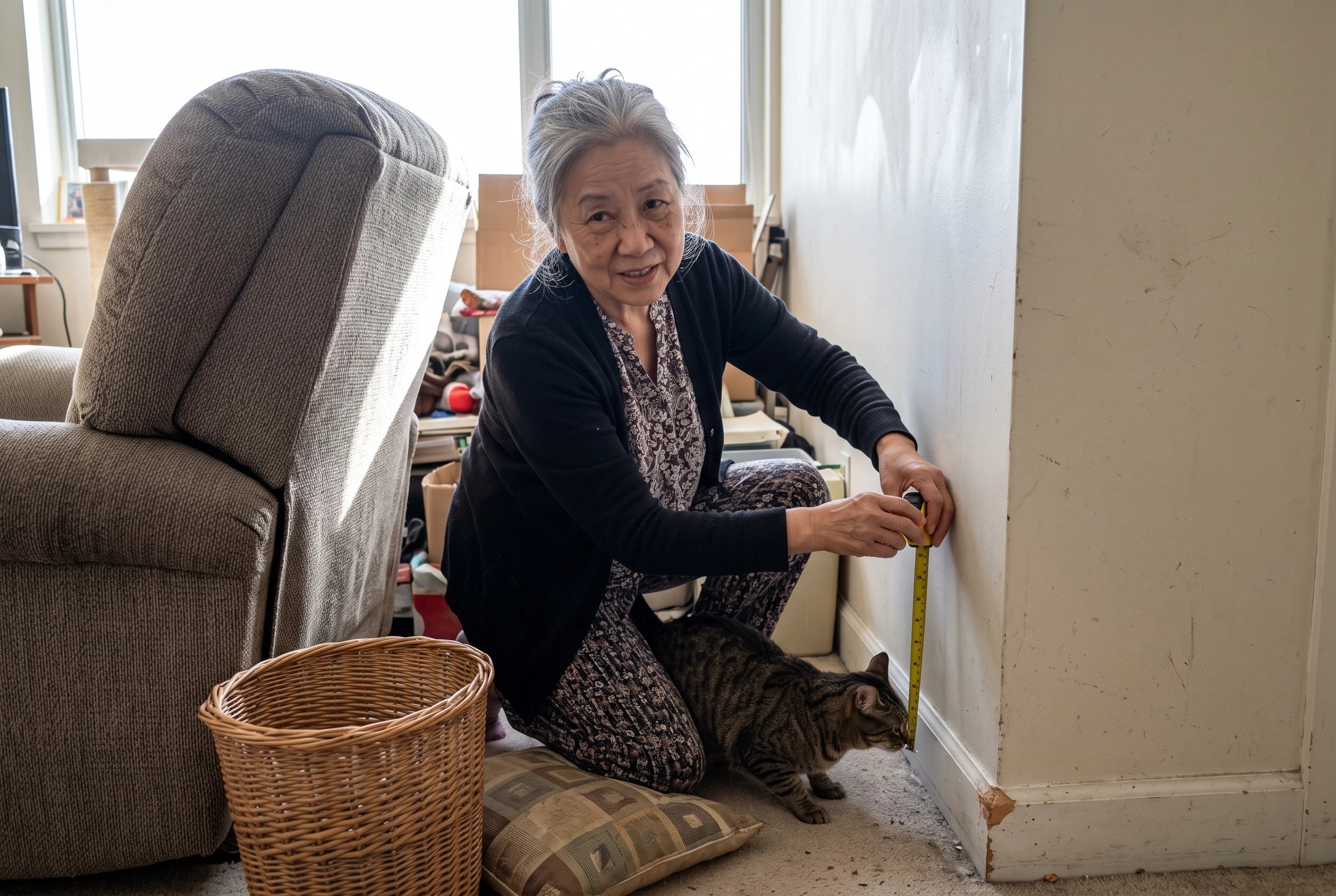 A woman measures the space behind a wall-hugger recliner in her apartment.