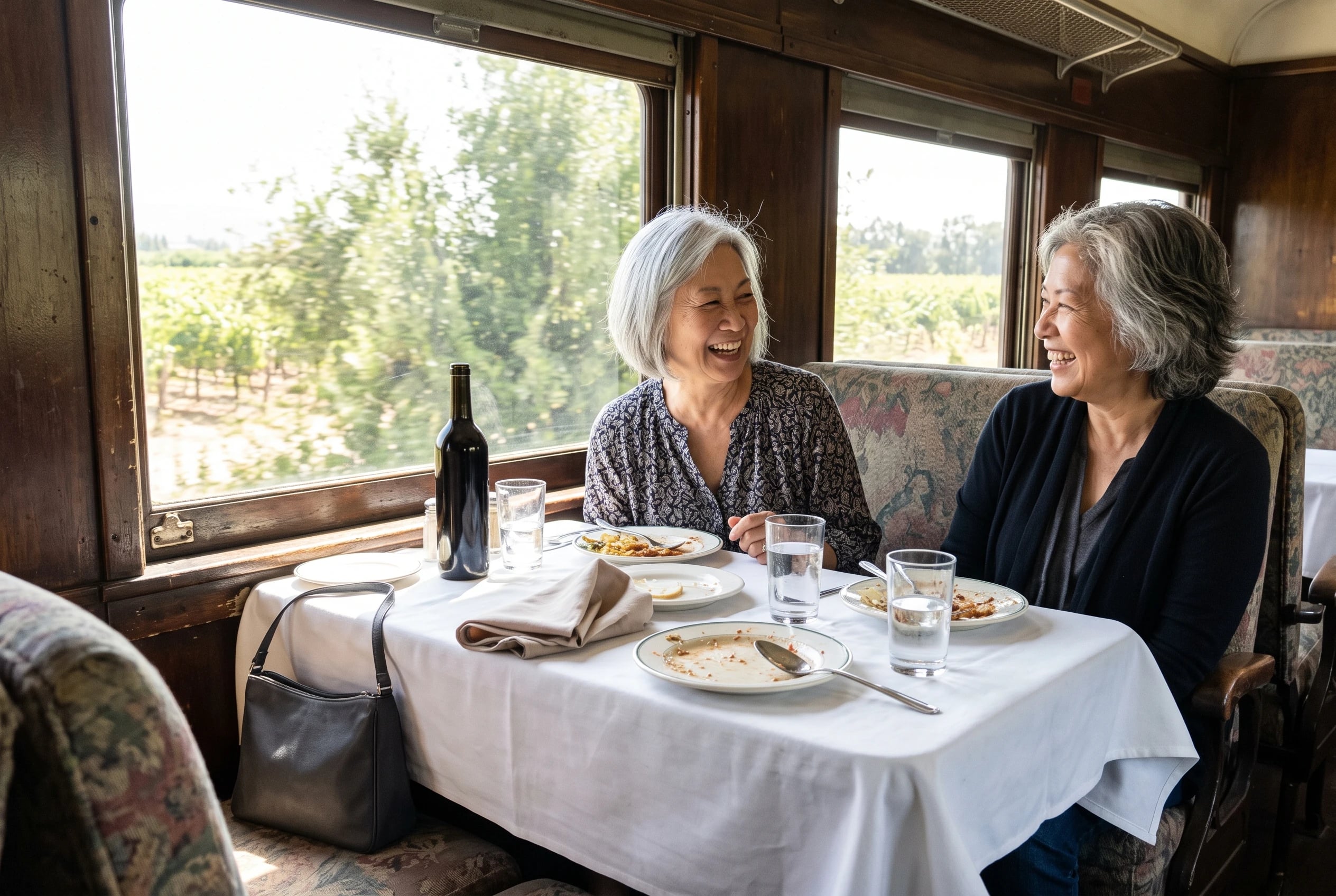 An older woman sits by the window during a Napa Valley Wine Train meal.