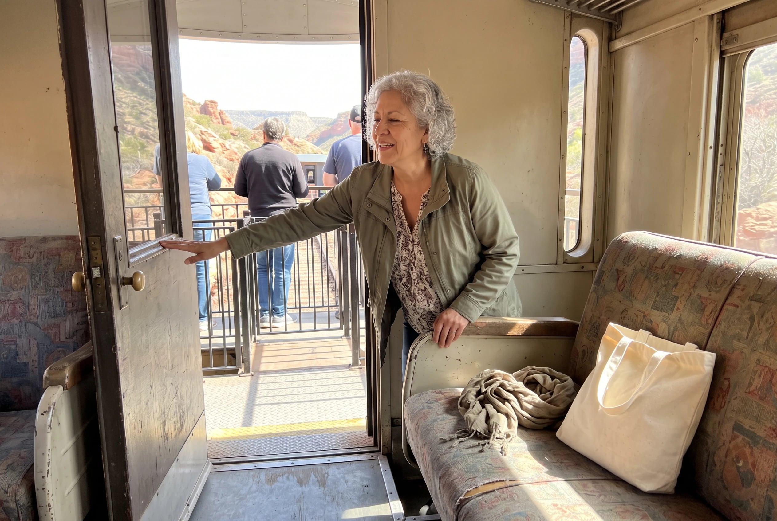 An older woman steps from an indoor Verde Canyon Railroad car into its open-air viewing car.