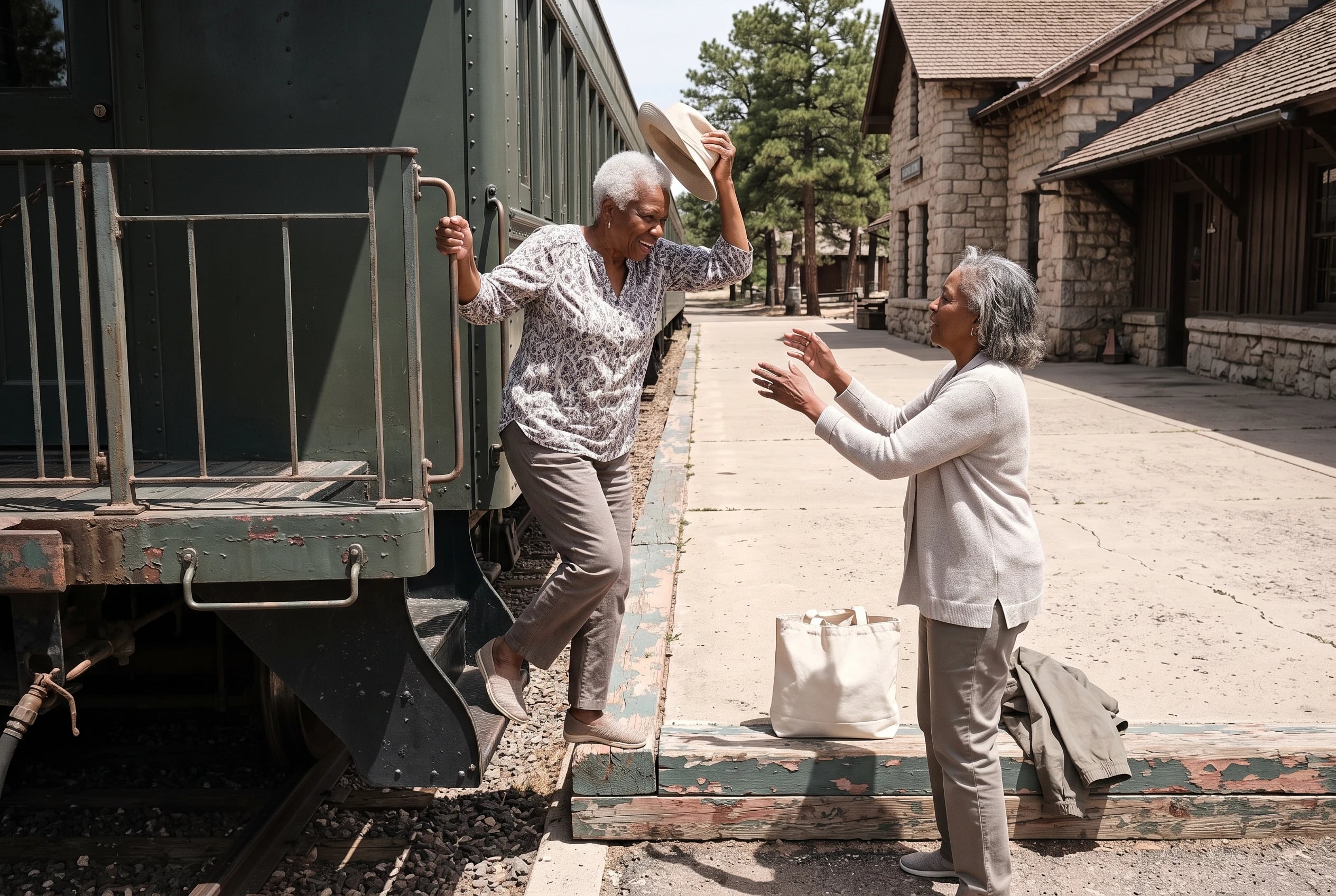 An older woman steps off the Grand Canyon Railway at the South Rim station.