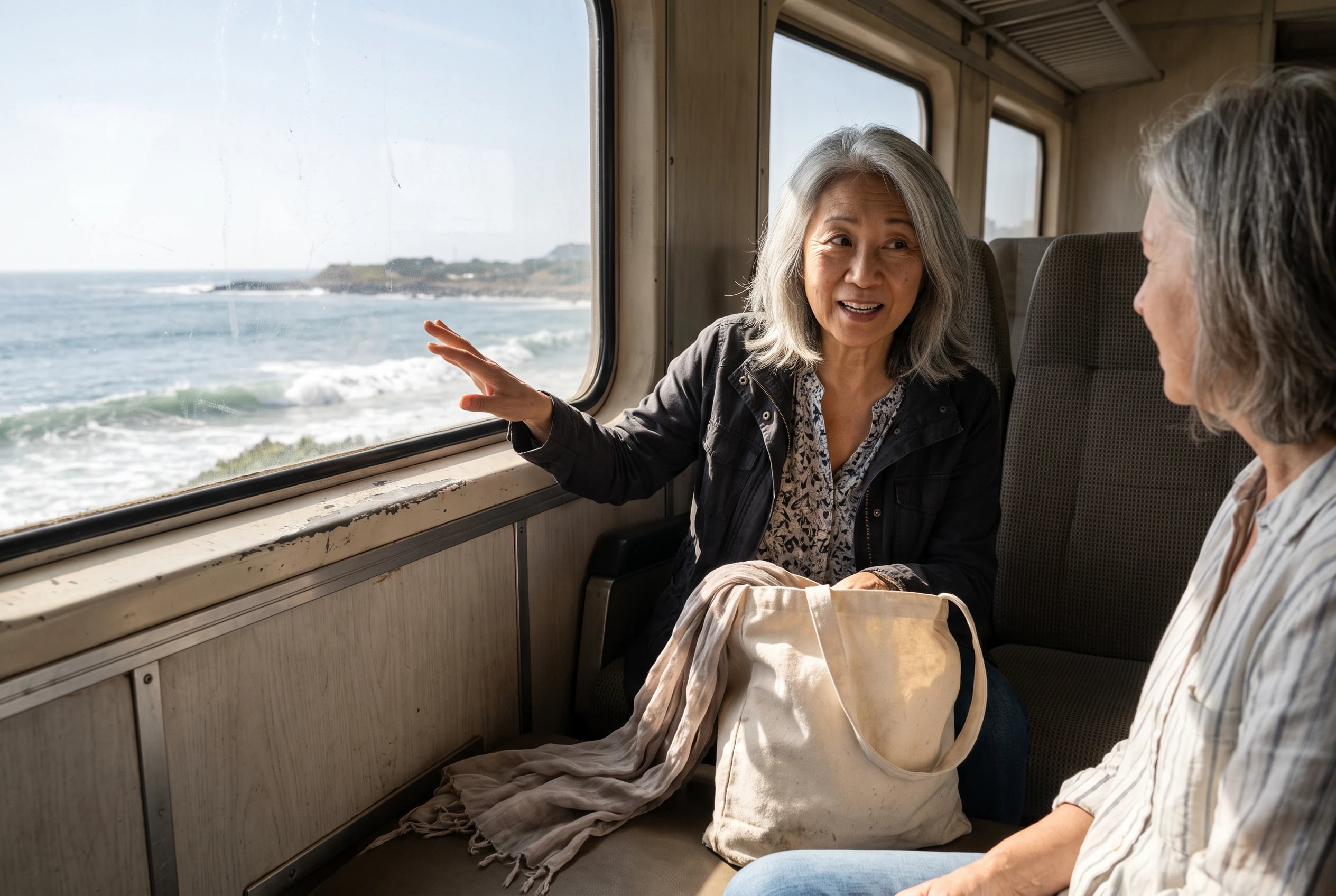 An older woman watches the ocean from a Pacific Surfliner window near Ventura.