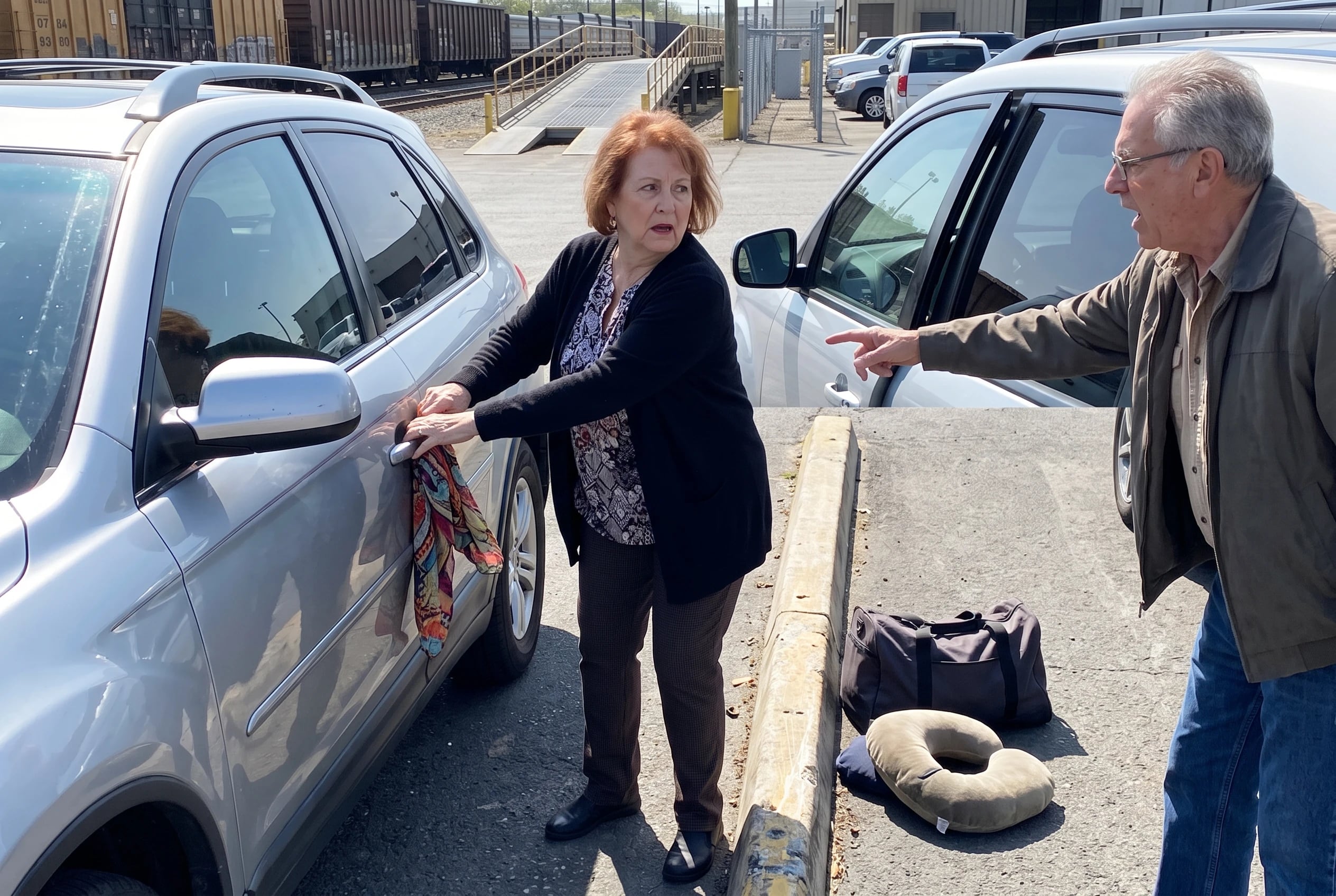 An older woman closes her car door in the Auto Train loading area at Lorton.