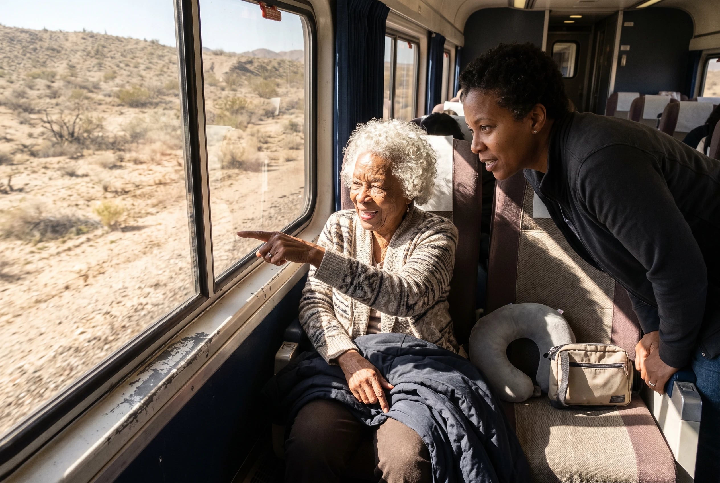 An older woman watches desert ground pass her window aboard the Sunset Limited.