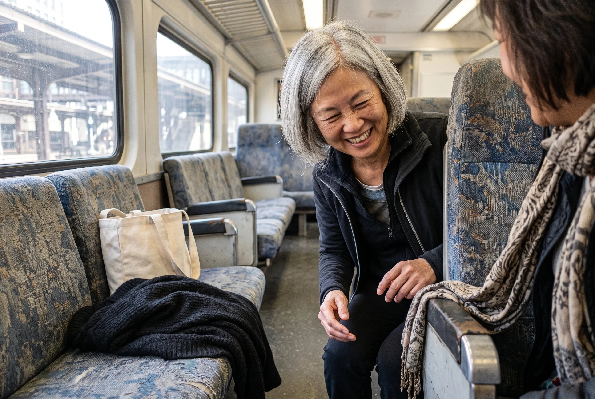 An older woman settles into her train seat at Chicago Union Station before the City of New Orleans departs.