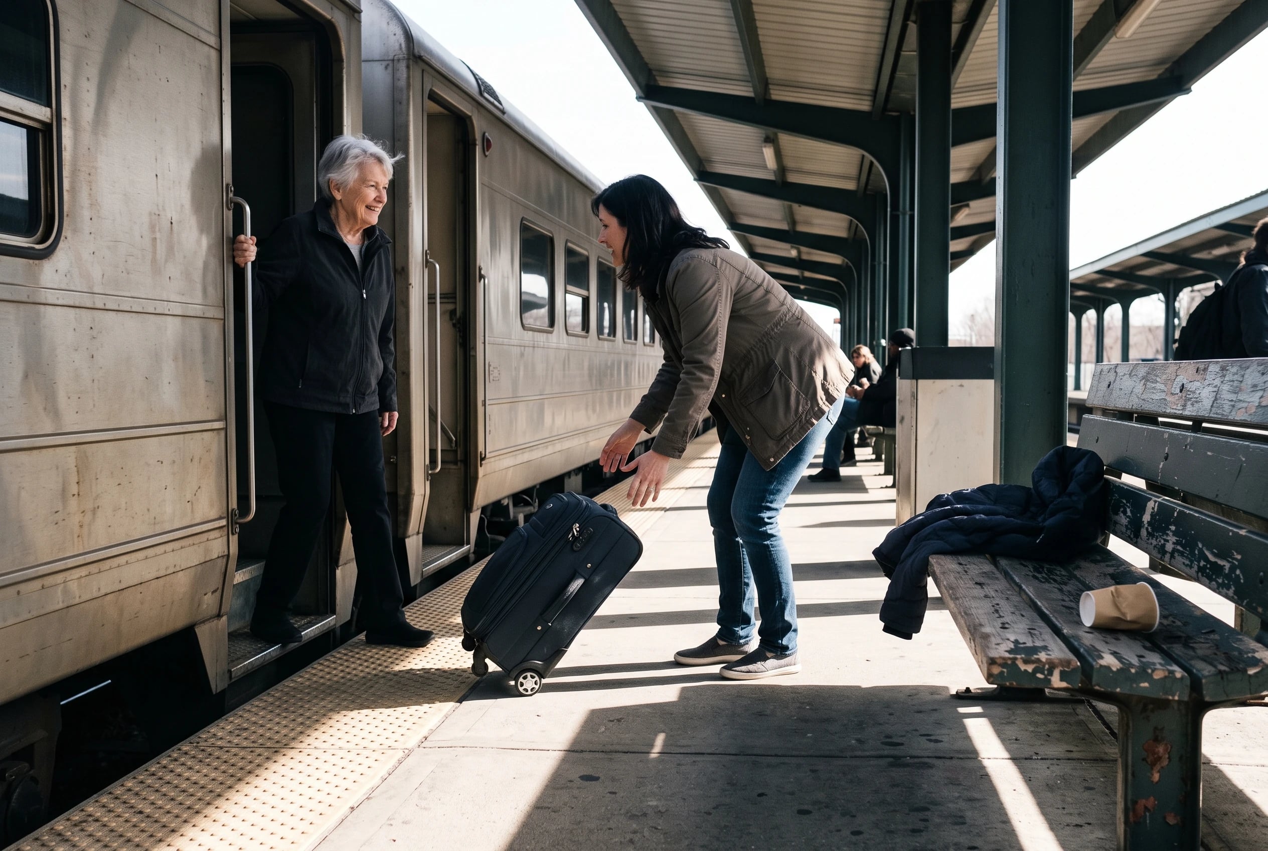 An older woman steps from the Southwest Chief onto the platform at Williams, Arizona.