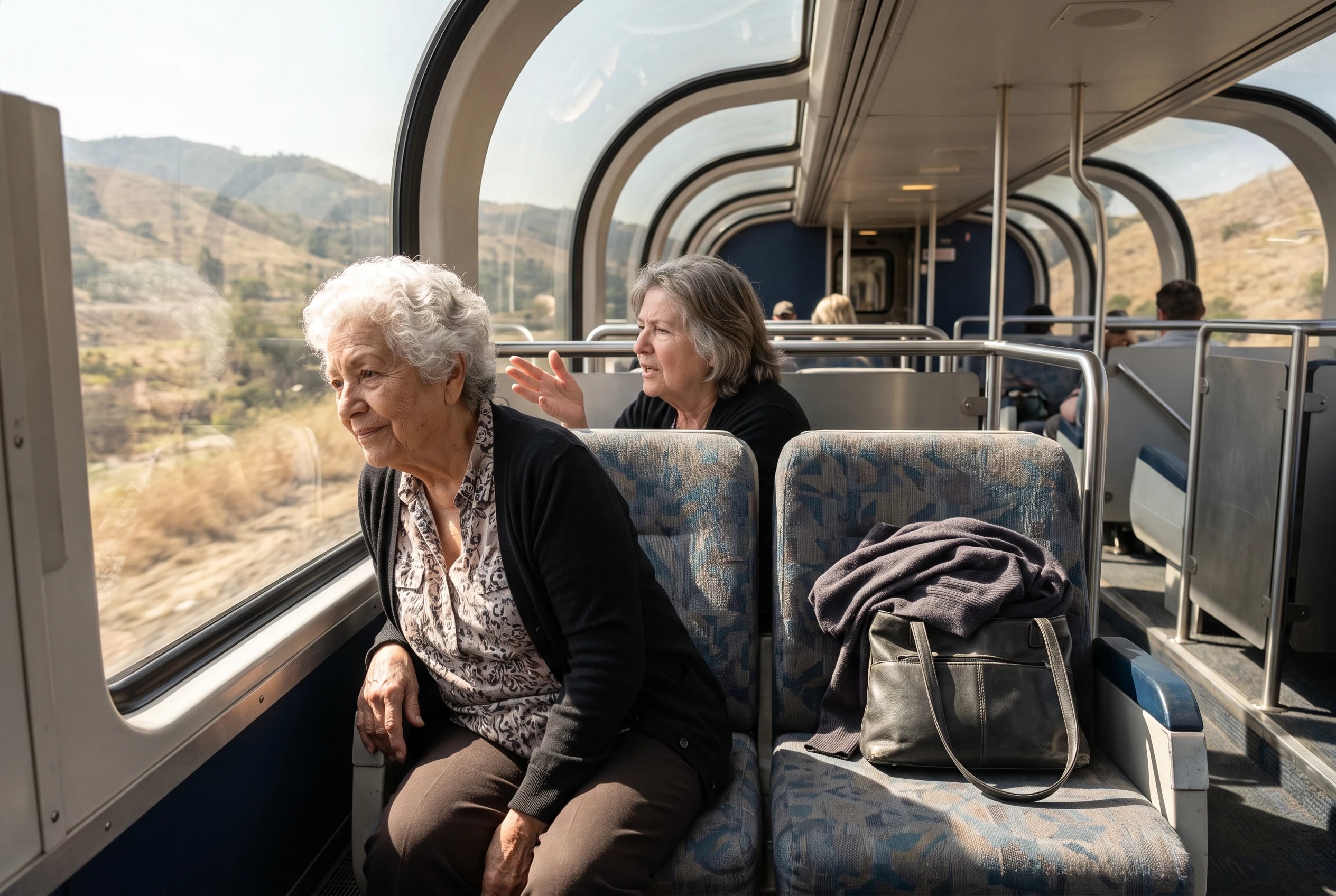 An older woman looks through the Coast Starlight Sightseer Lounge window.