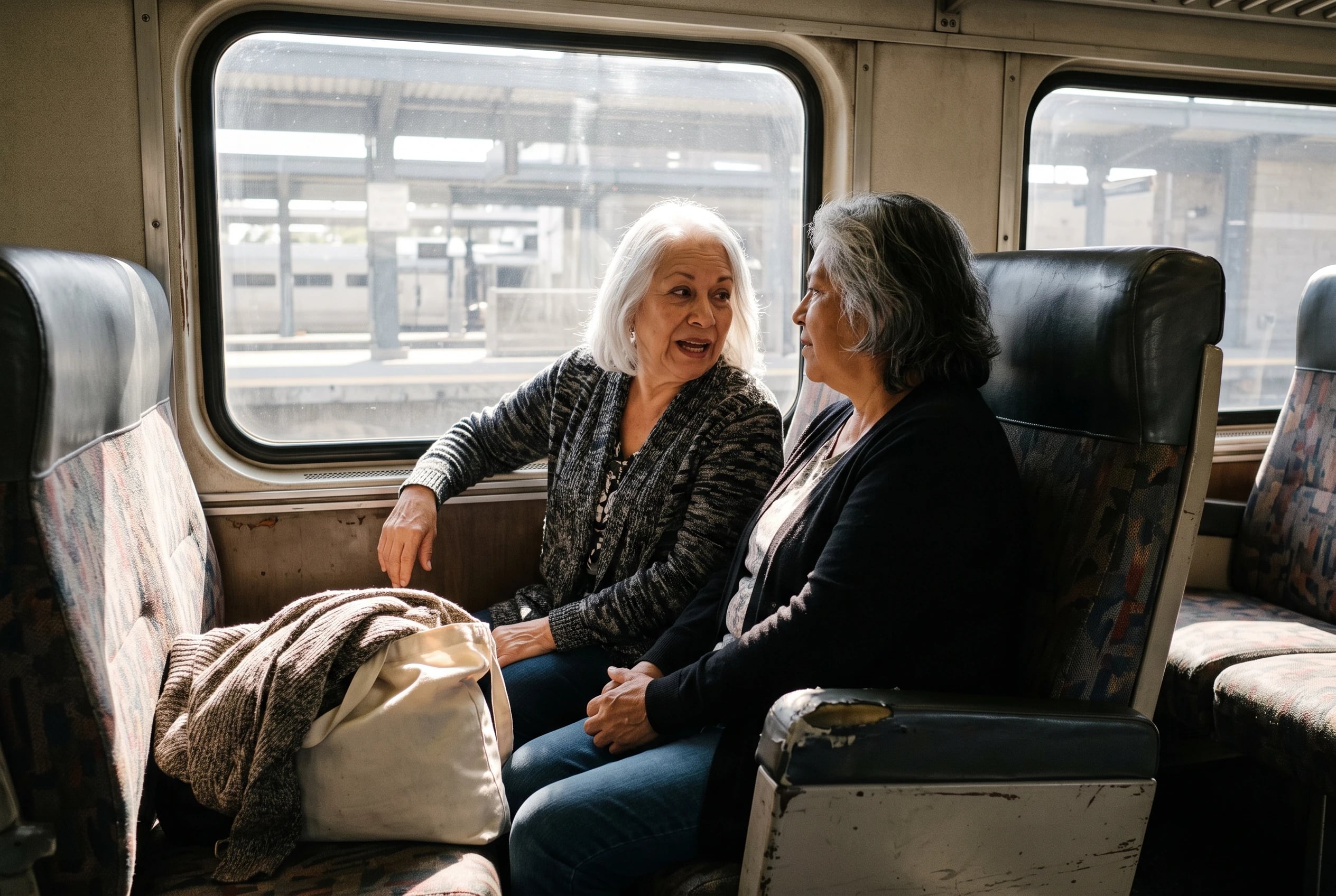 An older woman looks out from a Texas Eagle window as the train pulls into Austin.