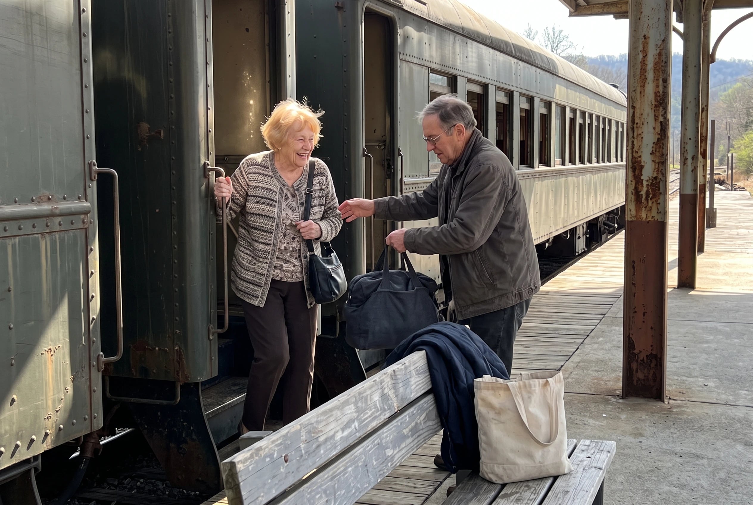 An older woman steps into a Frostburg Flyer coach in Maryland.