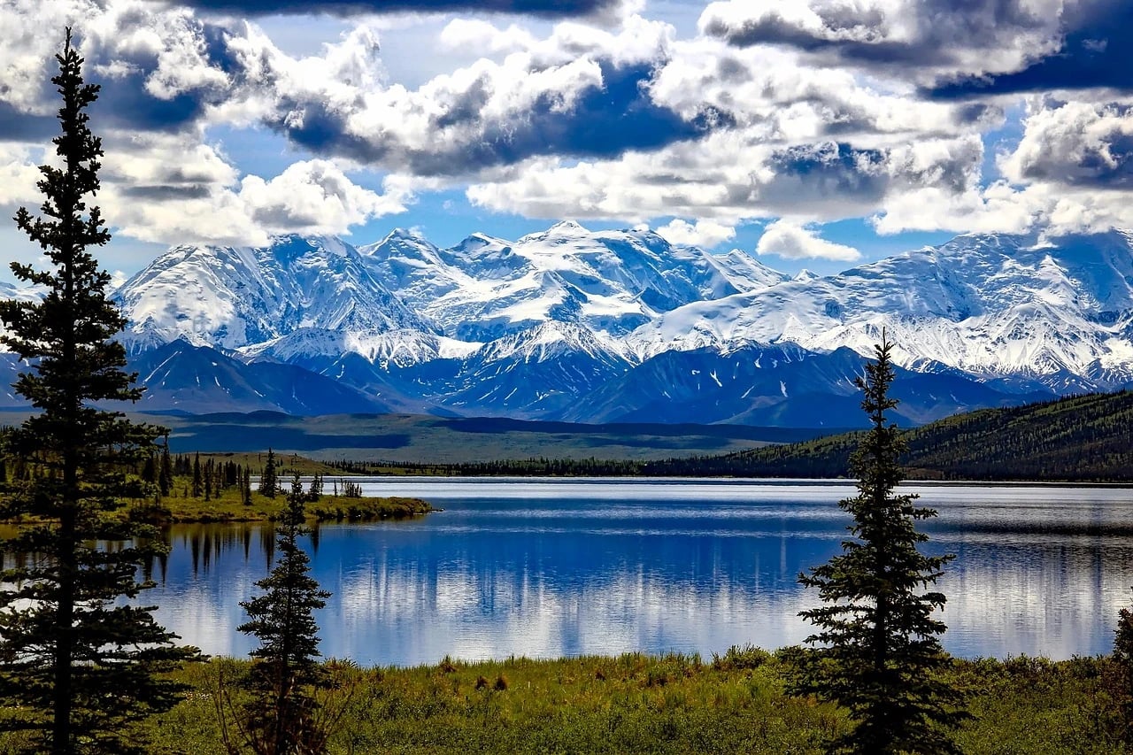 Snow-covered Denali mountains reflected in a calm lake, framed by spruce trees under a cloudy blue sky