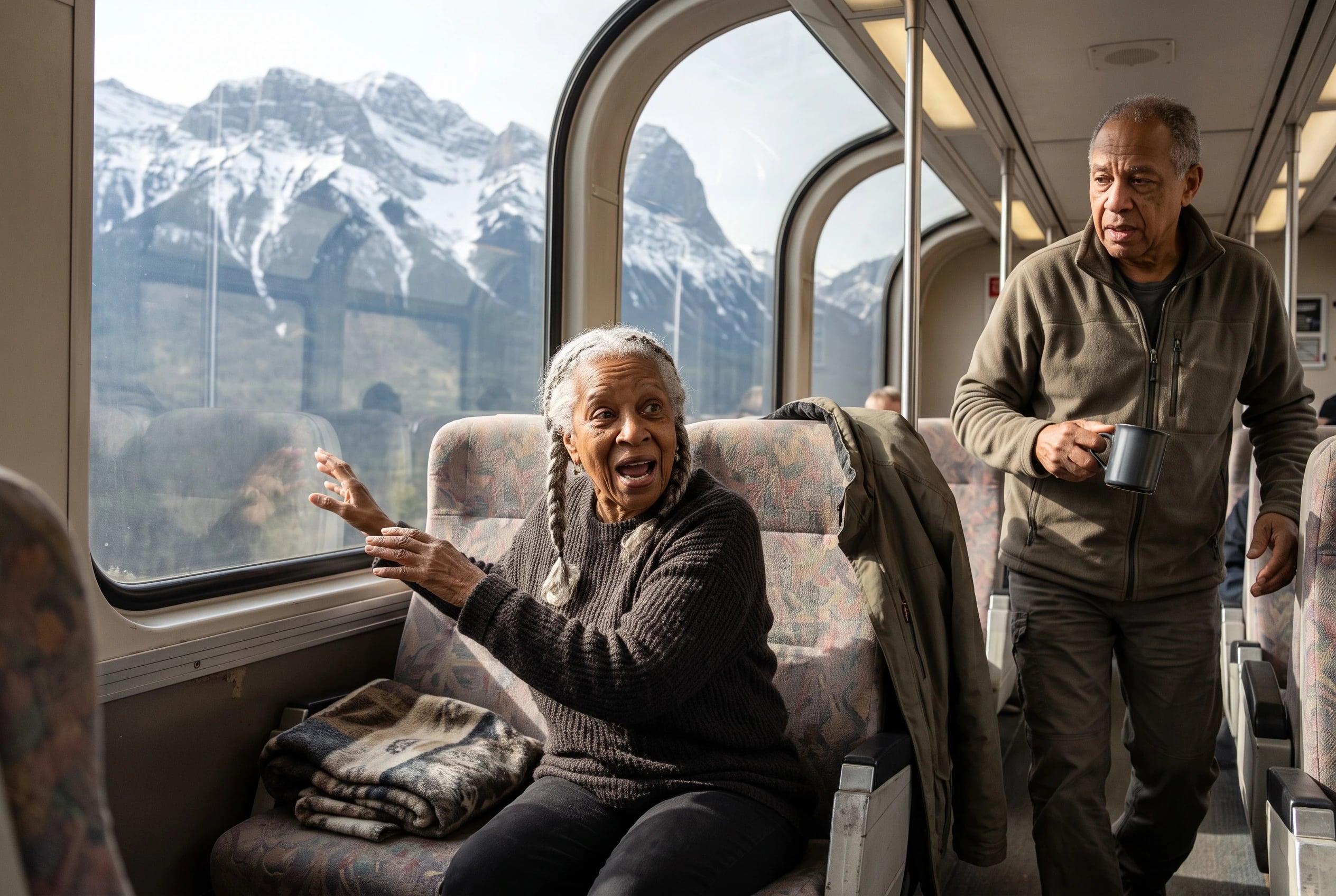 Older woman looks through a train window on a Rocky Mountaineer journey through the Canadian Rockies.