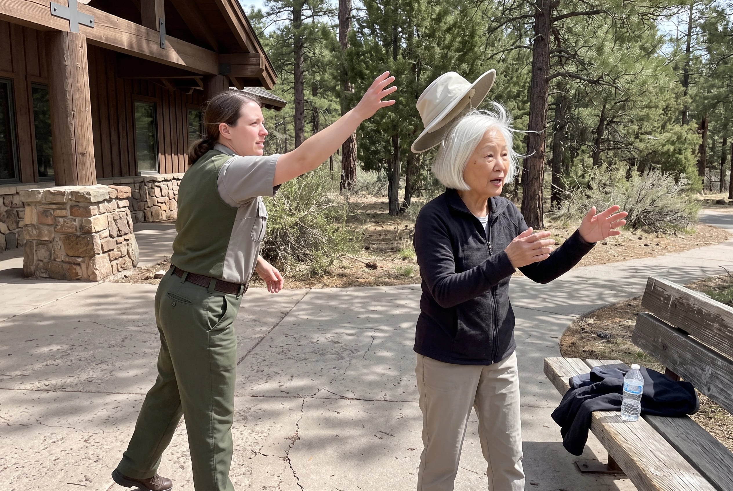 Older woman talks with a park staff member outside a national park visitor center.
