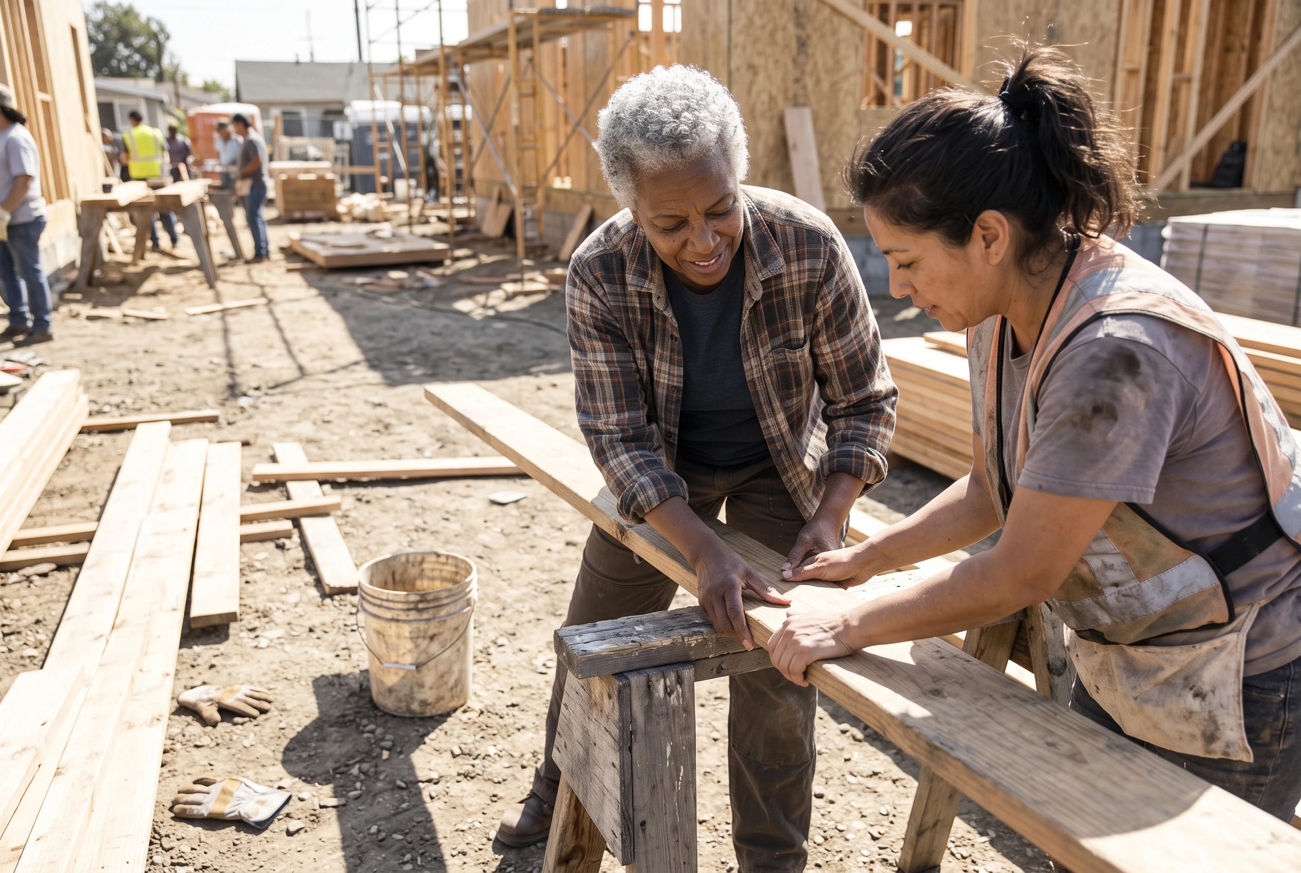Older woman speaks with a Habitat for Humanity contact at a volunteer site.