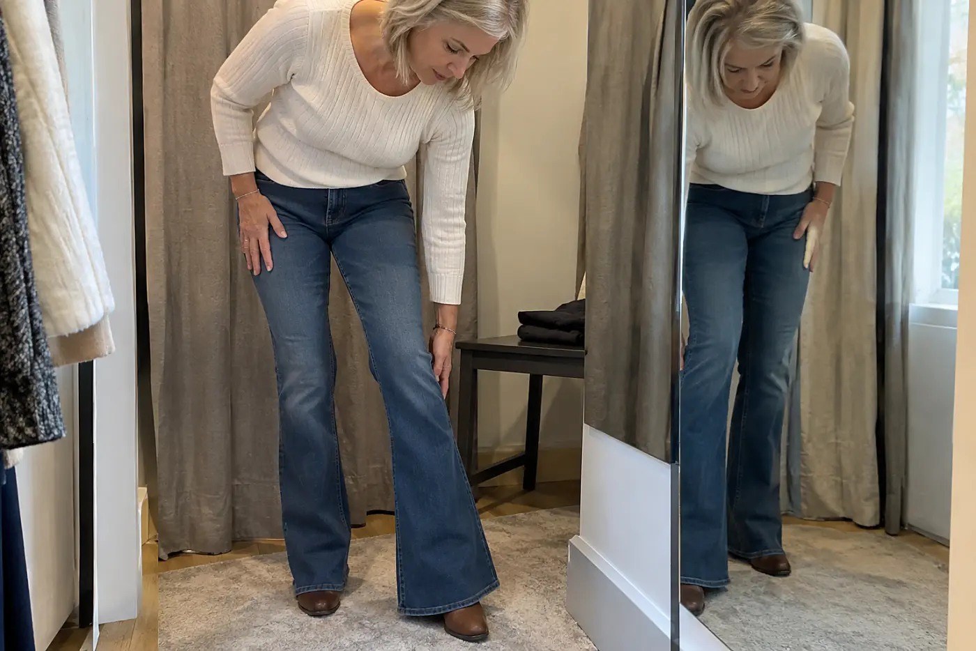 Older woman checking the hem of flare jeans beside a fitting-room mirror.