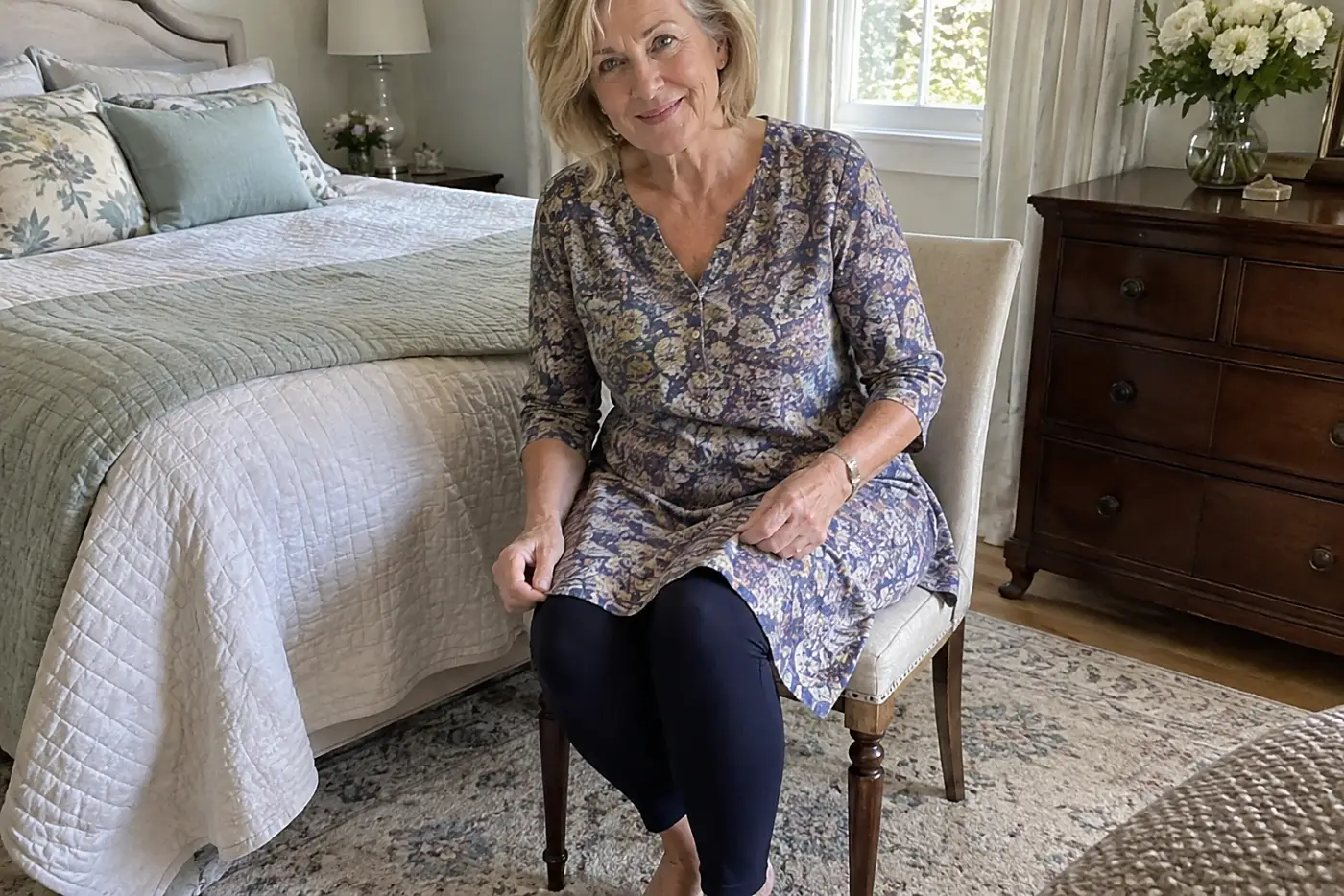 Older woman sitting on her bedroom chair in a tunic and leggings.