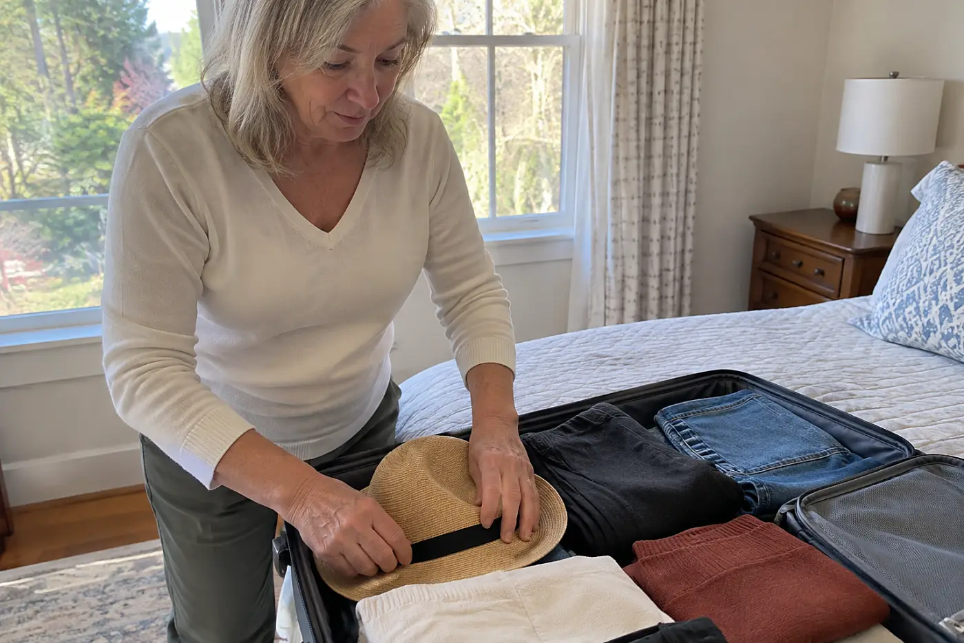 Older woman placing a foldable hat beside leggings in an open suitcase.
