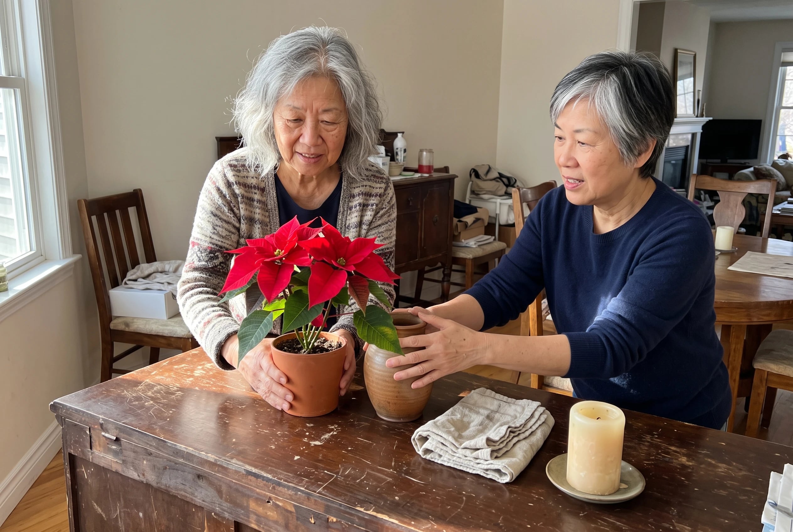 Older woman places a poinsettia on a sideboard in her dining room.