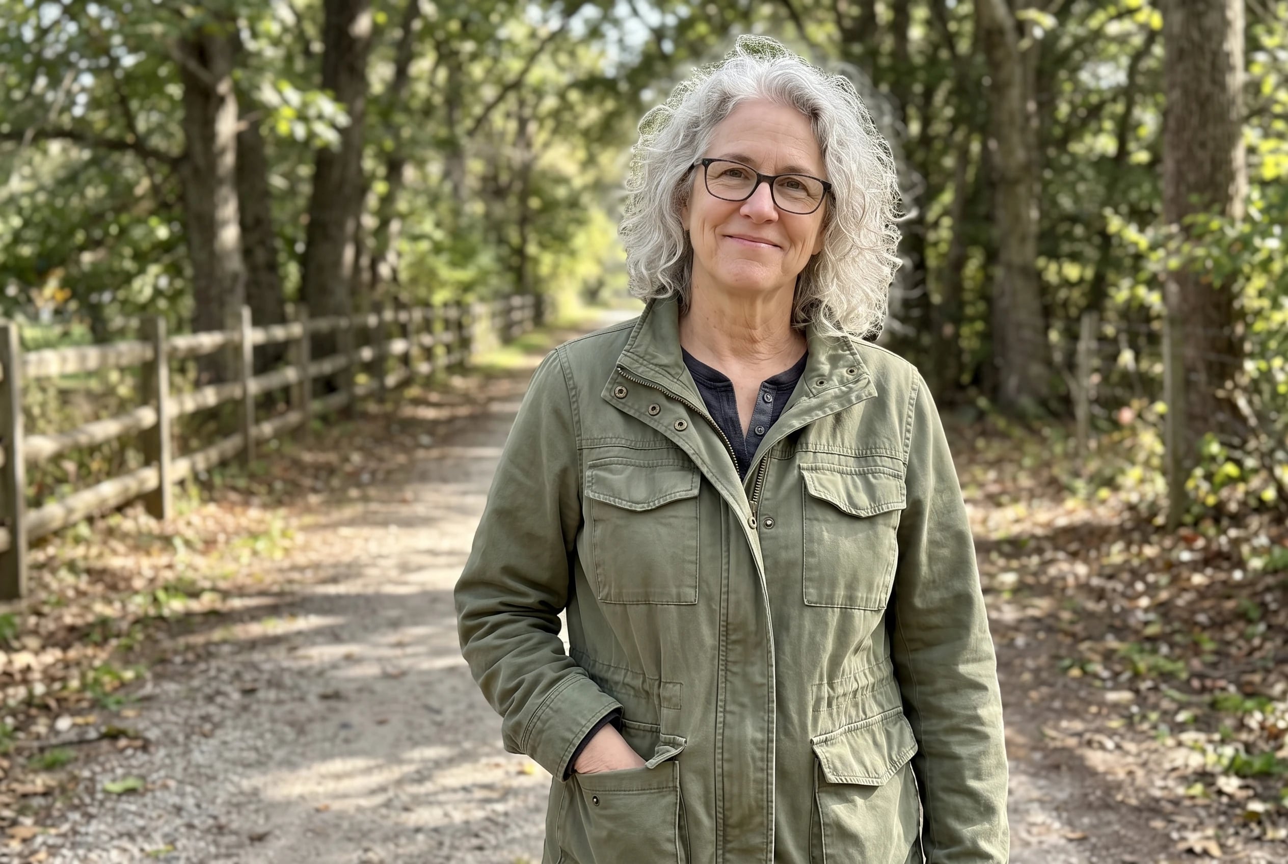 A woman in her sixties wears an olive utility jacket on a tree-lined dirt path.
