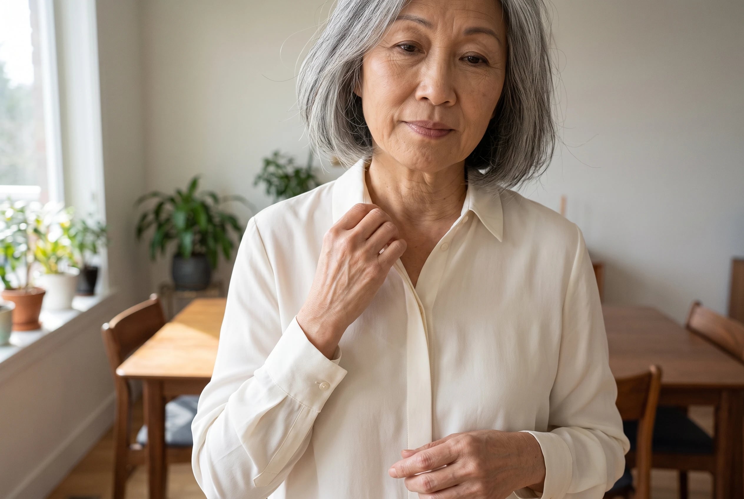 A woman in her sixties with short grey hair wears an ivory silk blouse.