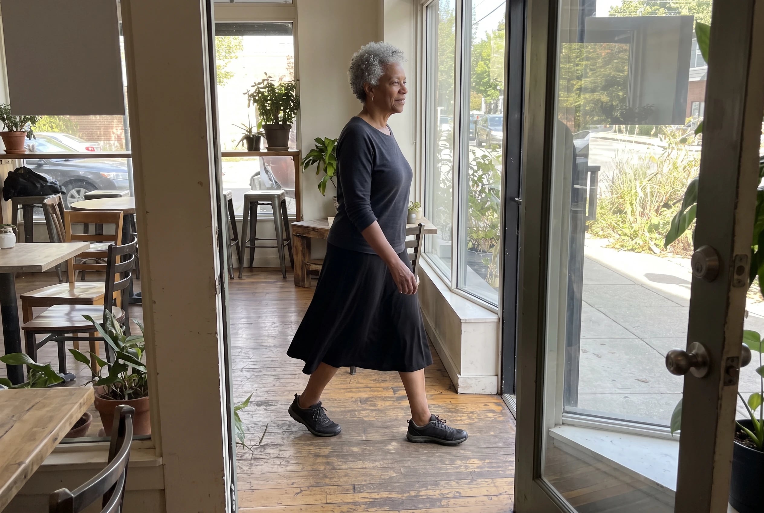 A woman in her sixties wearing a black midi skirt walks past large cafe windows.