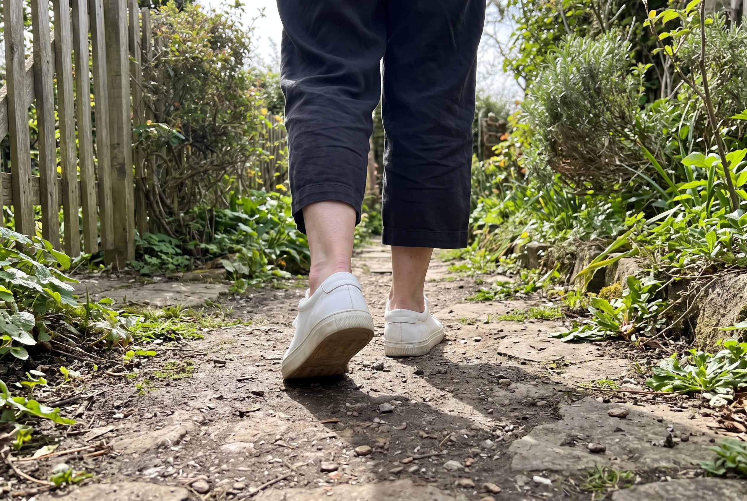 A woman in her sixties walks down a garden path wearing dark trousers and white leather sneakers.