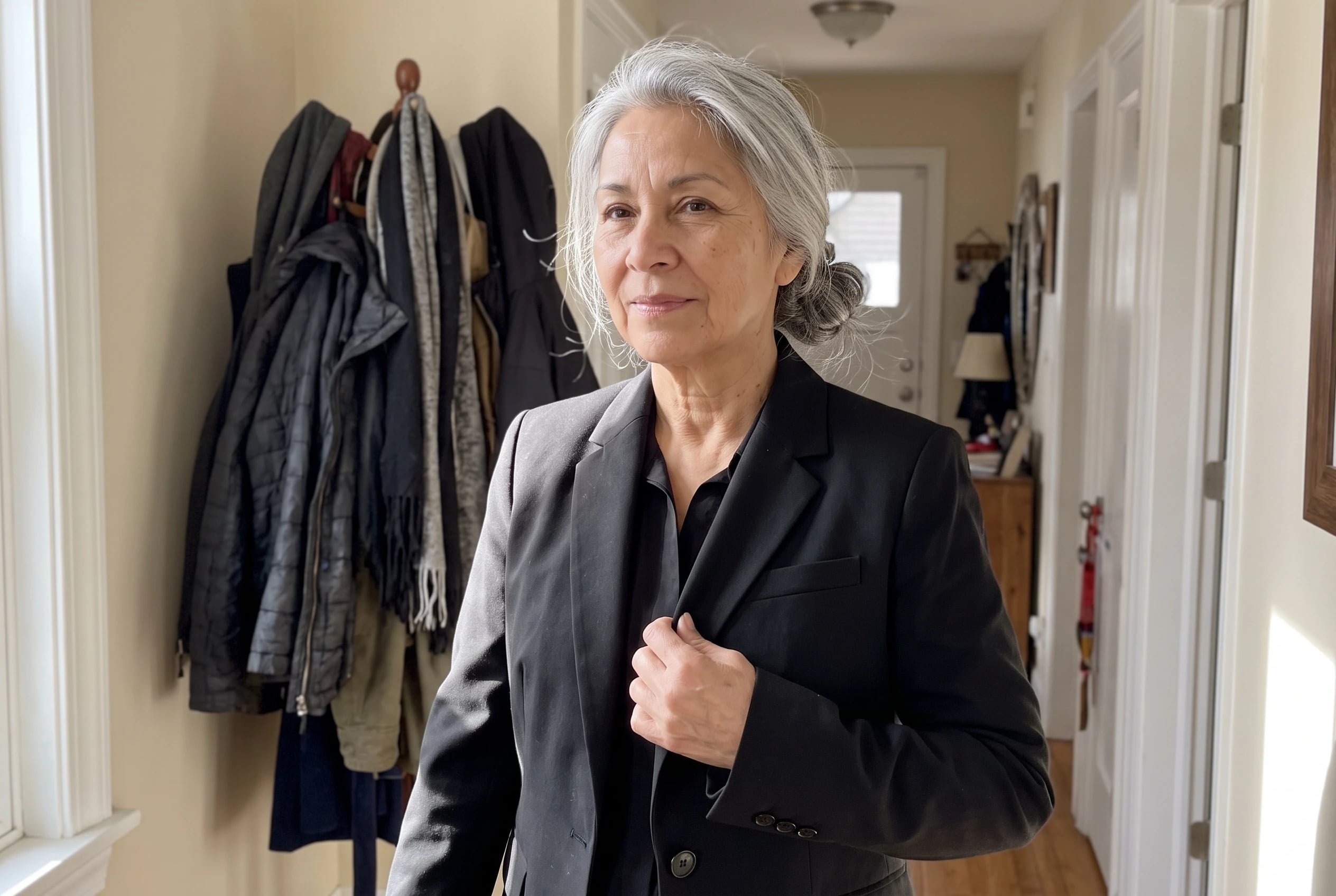 A woman in her sixties wears a black tailored blazer beside a coat rack.