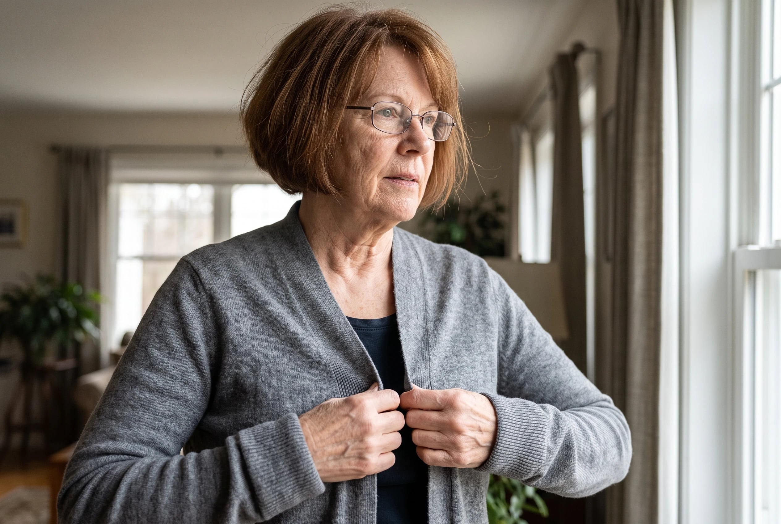 A woman in her sixties wearing glasses holds a gray fine knit cardigan by a window.