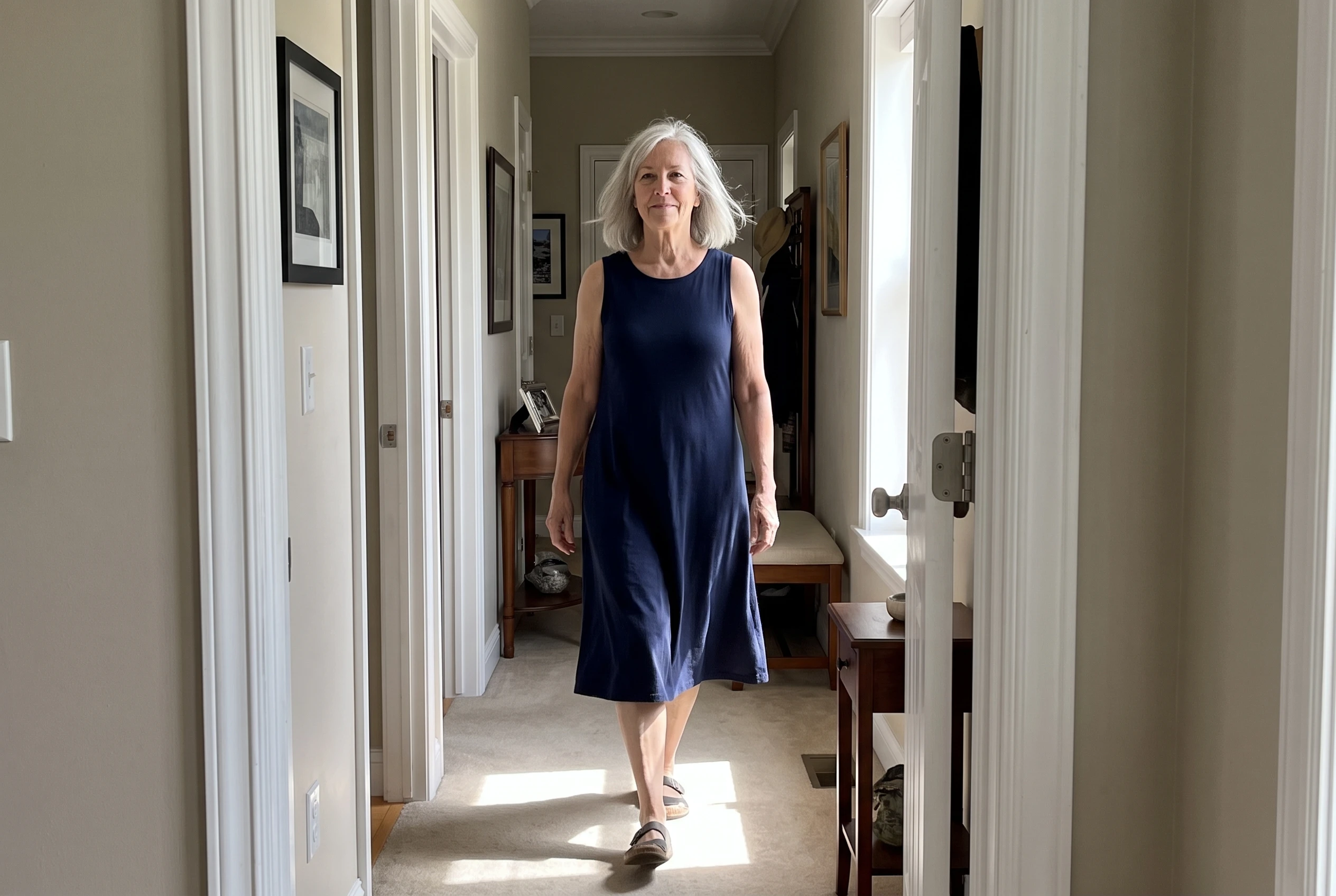 A woman in her sixties wearing a navy sleeveless dress walks down a sunlit hallway.