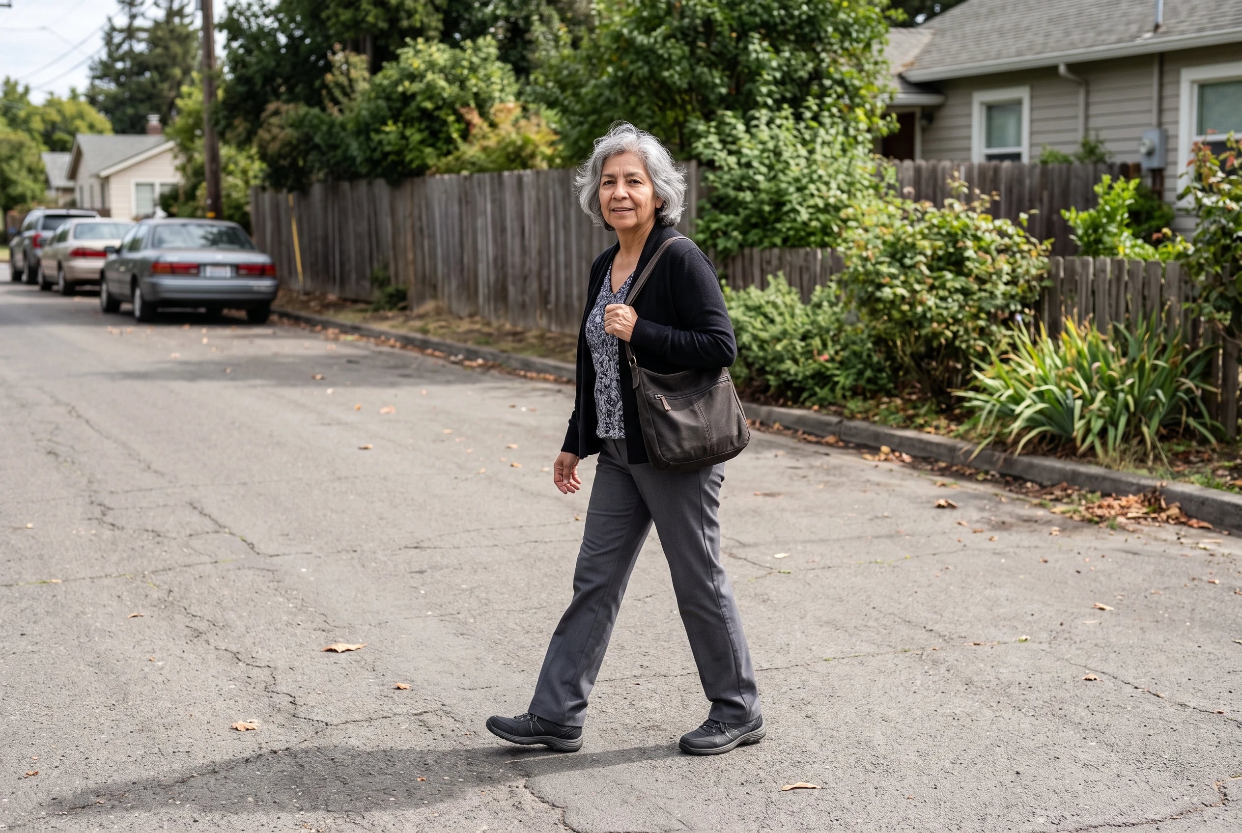 A woman in her sixties wearing charcoal straight trousers walks across a quiet residential street.