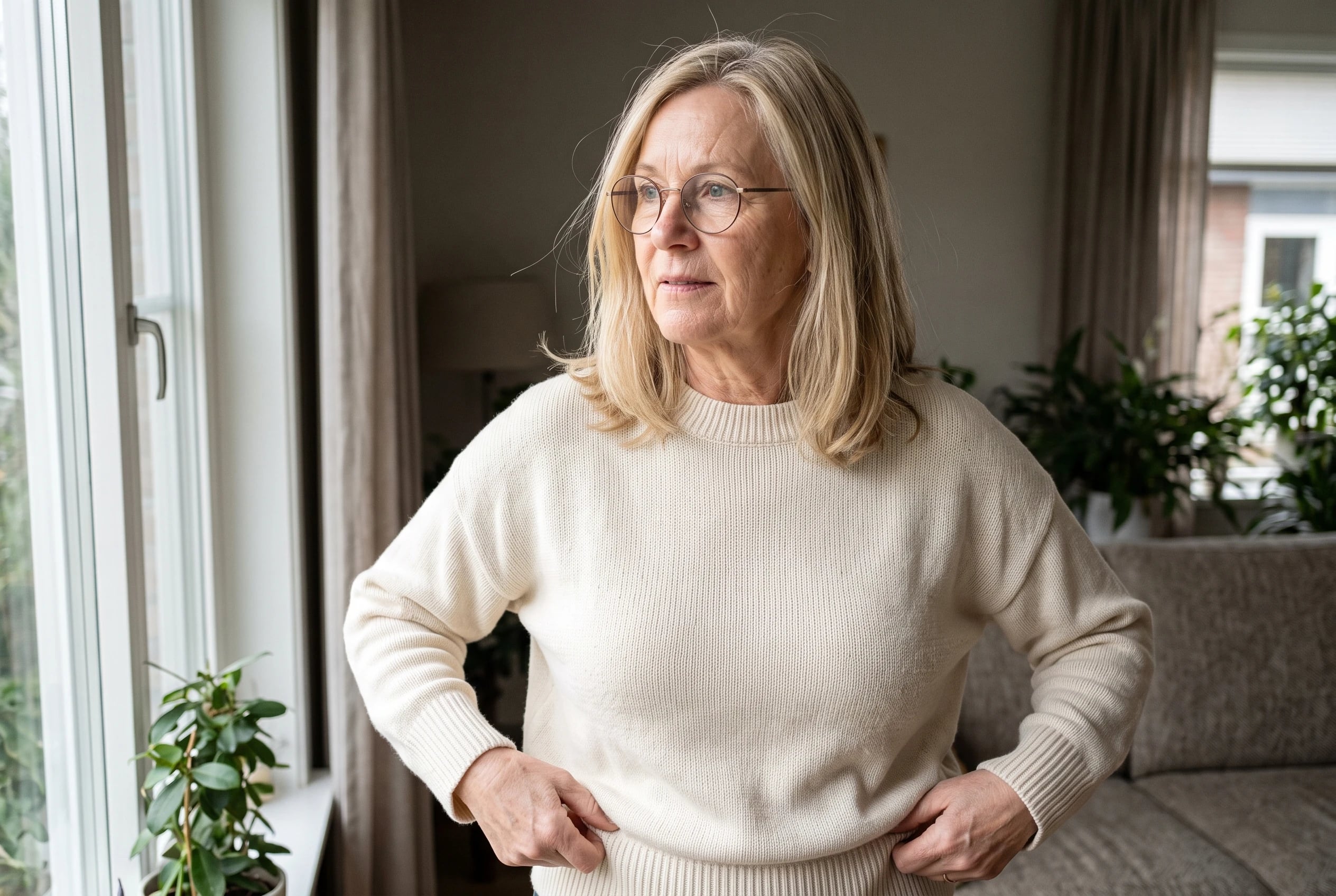 A woman in her sixties wearing a cream crewneck sweater looks out a window.